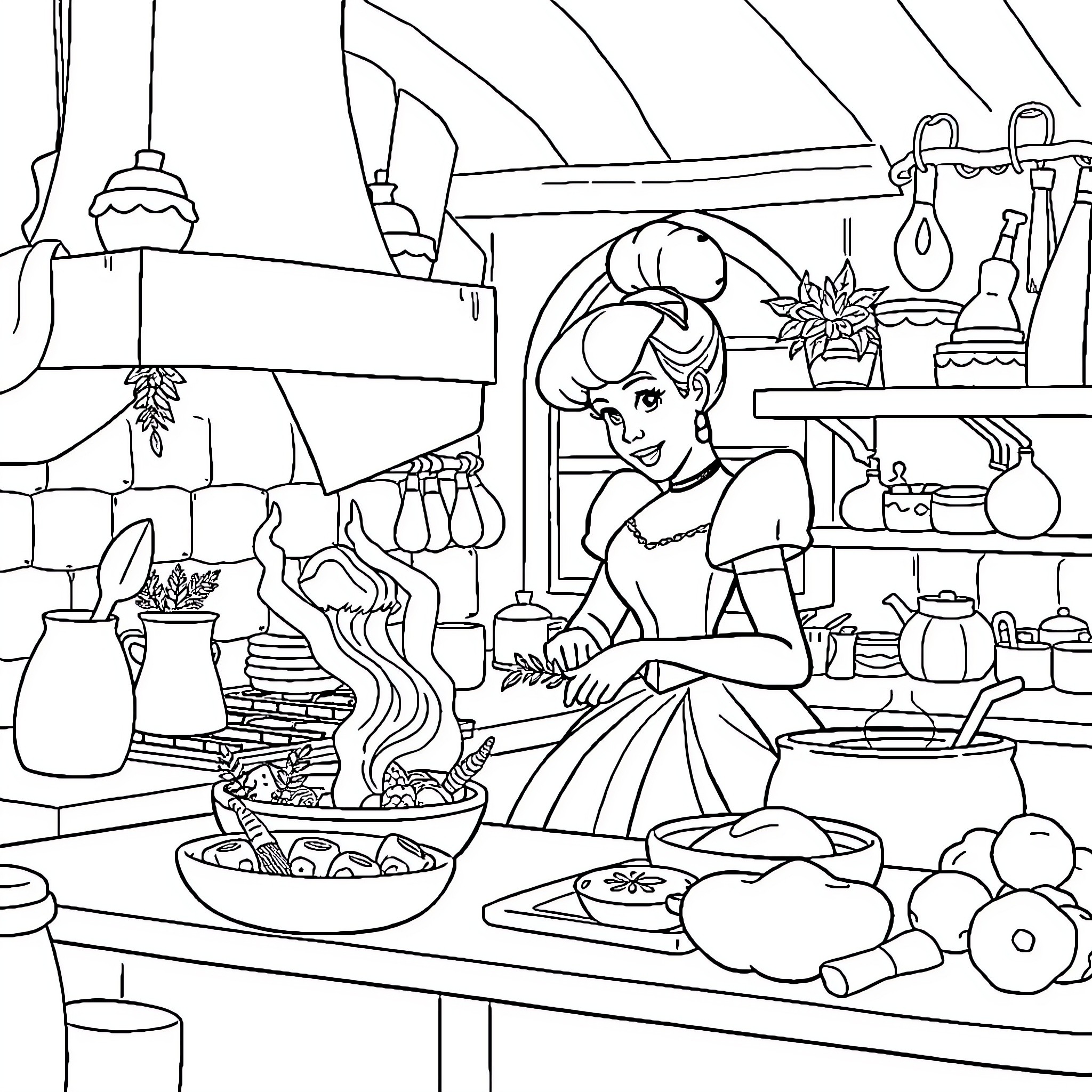 Cinderella cooking in the kitchen Coloring Page (free black-and-white line drawing printable PDF for all, from beginners to advanced learners, including children, teens, adults, and seniors)