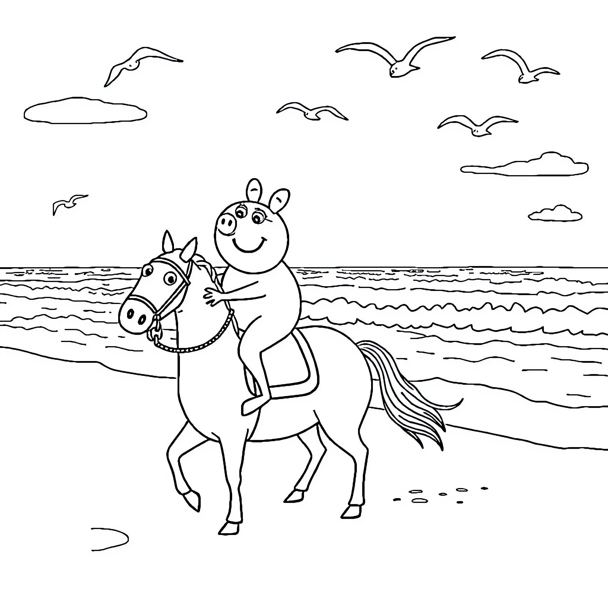 Peppa Pig riding a horse on the beach Coloring Page (free black-and-white line drawing printable PDF for all, from beginners to advanced learners, including children, teens, adults, and seniors)