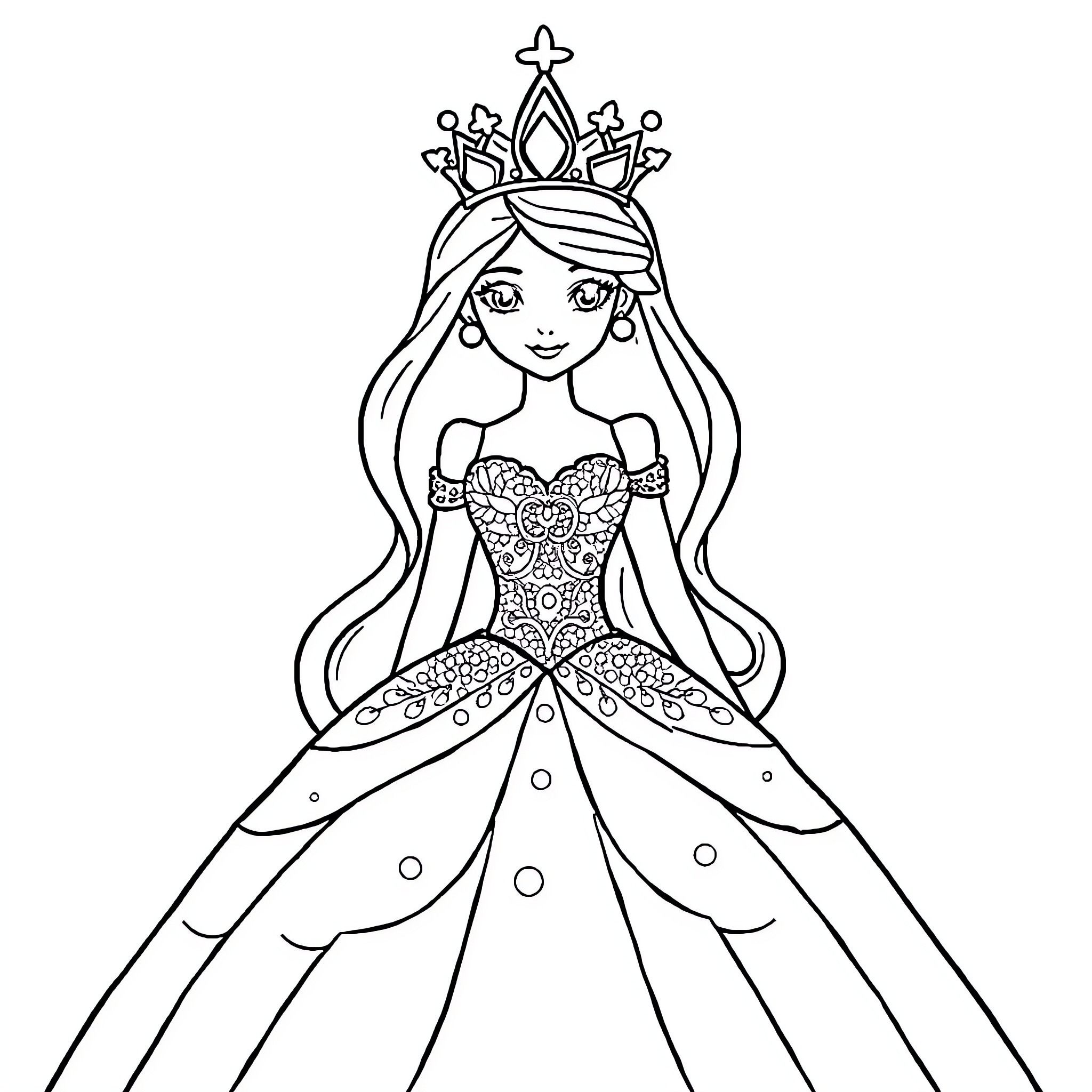 Princess in a Detailed Gown and Crown Coloring Page (free black-and-white line drawing printable PDF for all, from beginners to advanced learners, including children, teens, adults, and seniors)