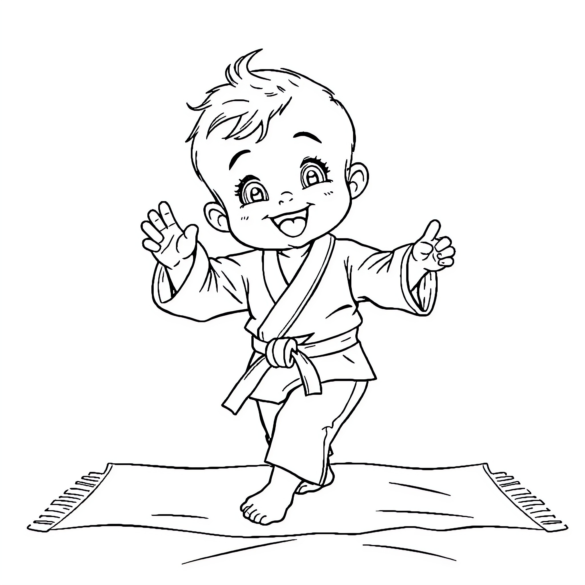 Baby boy practicing karate with enthusiasm Coloring Page (free black-and-white line drawing printable PDF for all, from beginners to advanced learners, including children, teens, adults, and seniors)