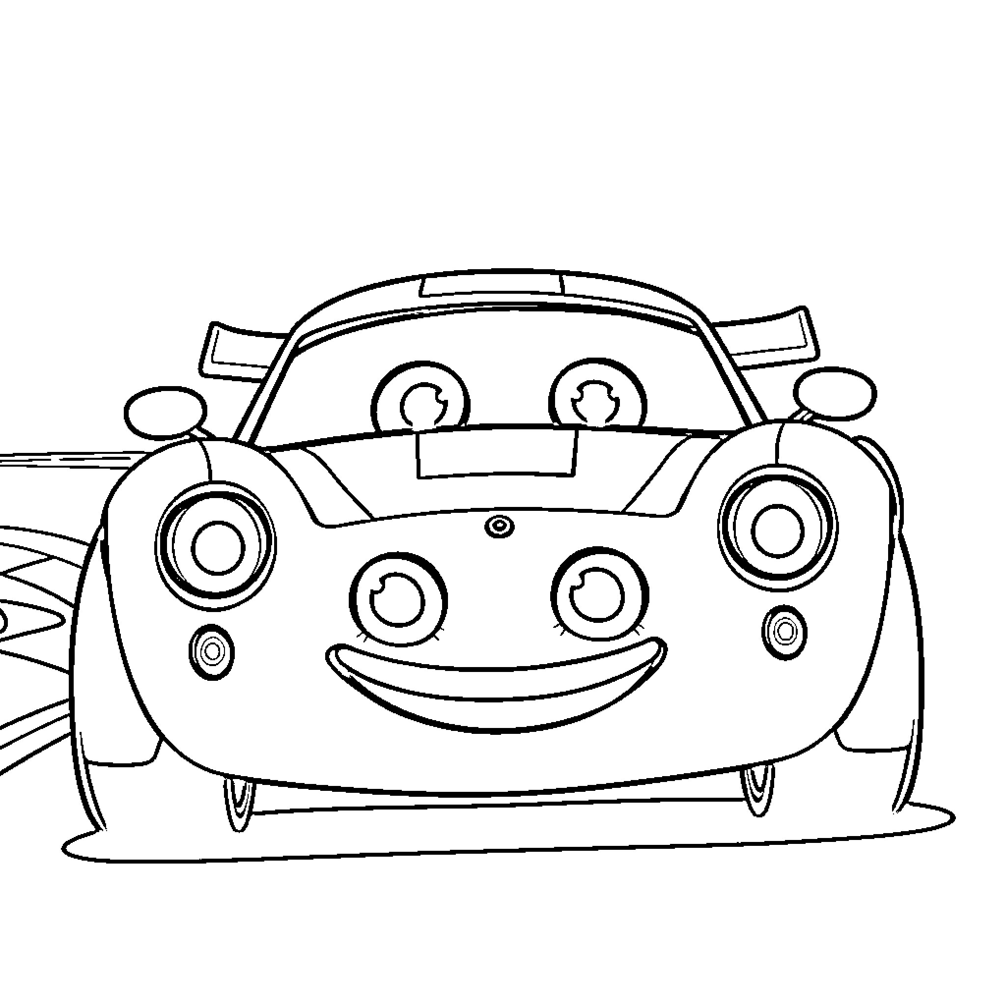 Racing Car with Friendly Cartoon Expression Coloring Page (free black-and-white line drawing printable PDF for all, from beginners to advanced learners, including children, teens, adults, and seniors)