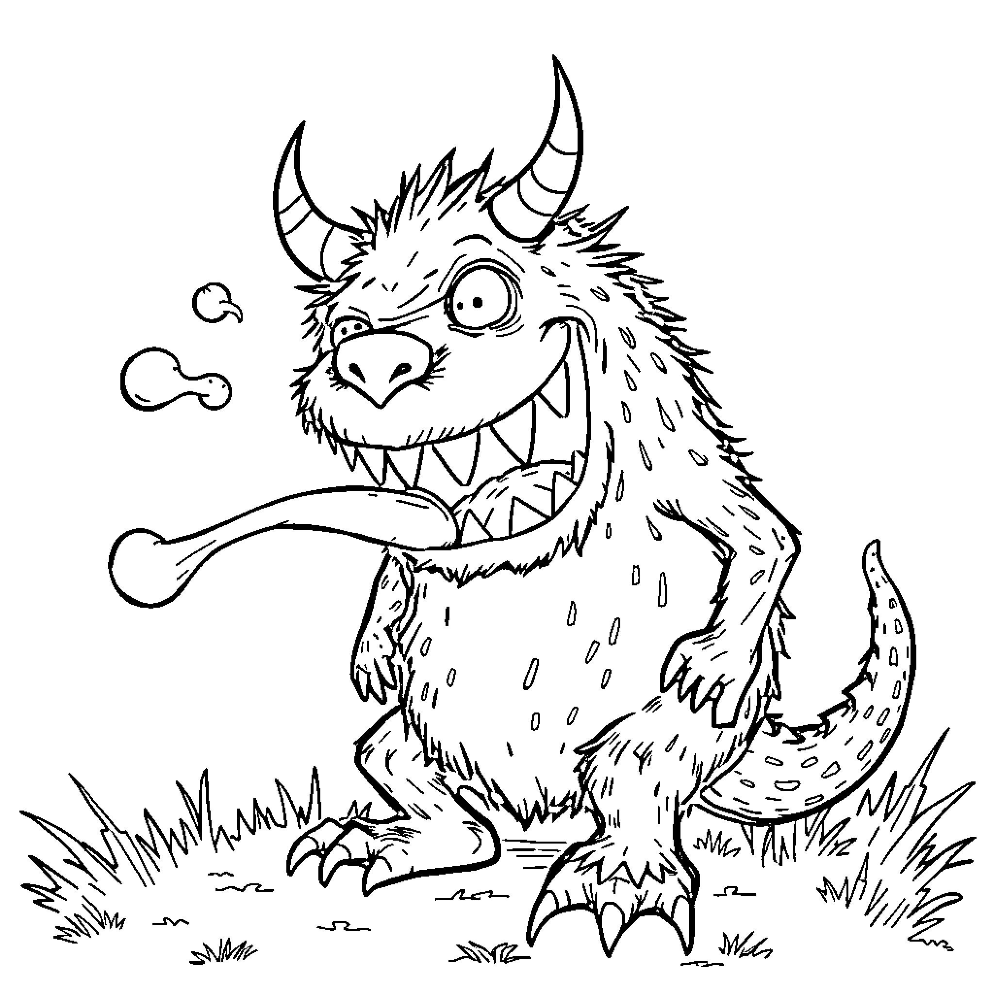 Monster chewing on a bone in the outdoors Coloring Page (free black-and-white line drawing printable PDF for all, from beginners to advanced learners, including children, teens, adults, and seniors)