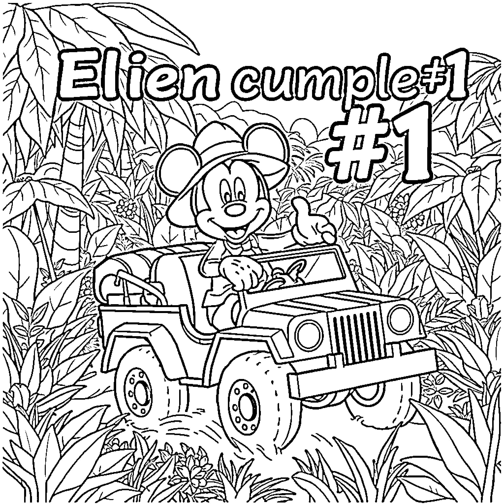 Mickey exploring the tropical jungle in his Jeep Coloring Page (free black-and-white line drawing printable PDF for all, from beginners to advanced learners, including children, teens, adults, and seniors)