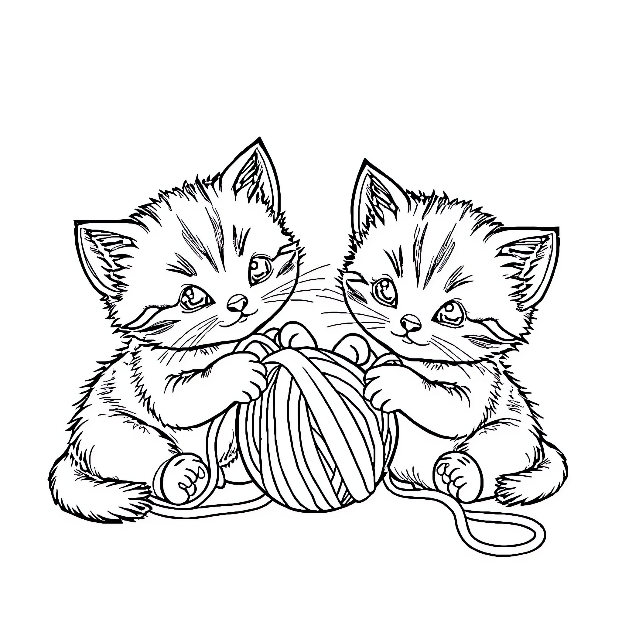 Kittens playing with a ball of yarn Coloring Page (free black-and-white line drawing printable PDF for all, from beginners to advanced learners, including children, teens, adults, and seniors)