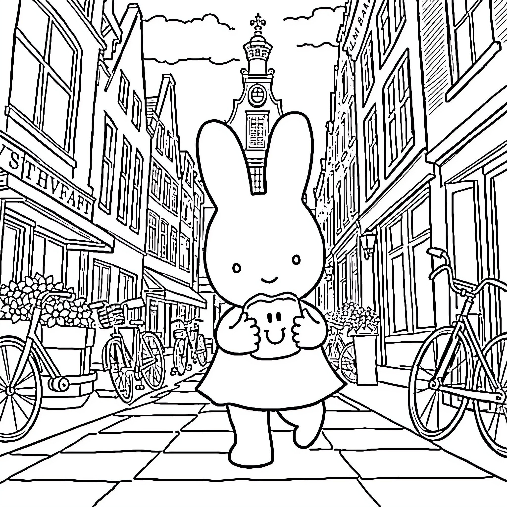 Miffy exploring the historic city streets Coloring Page (free black-and-white line drawing printable PDF for all, from beginners to advanced learners, including children, teens, adults, and seniors)