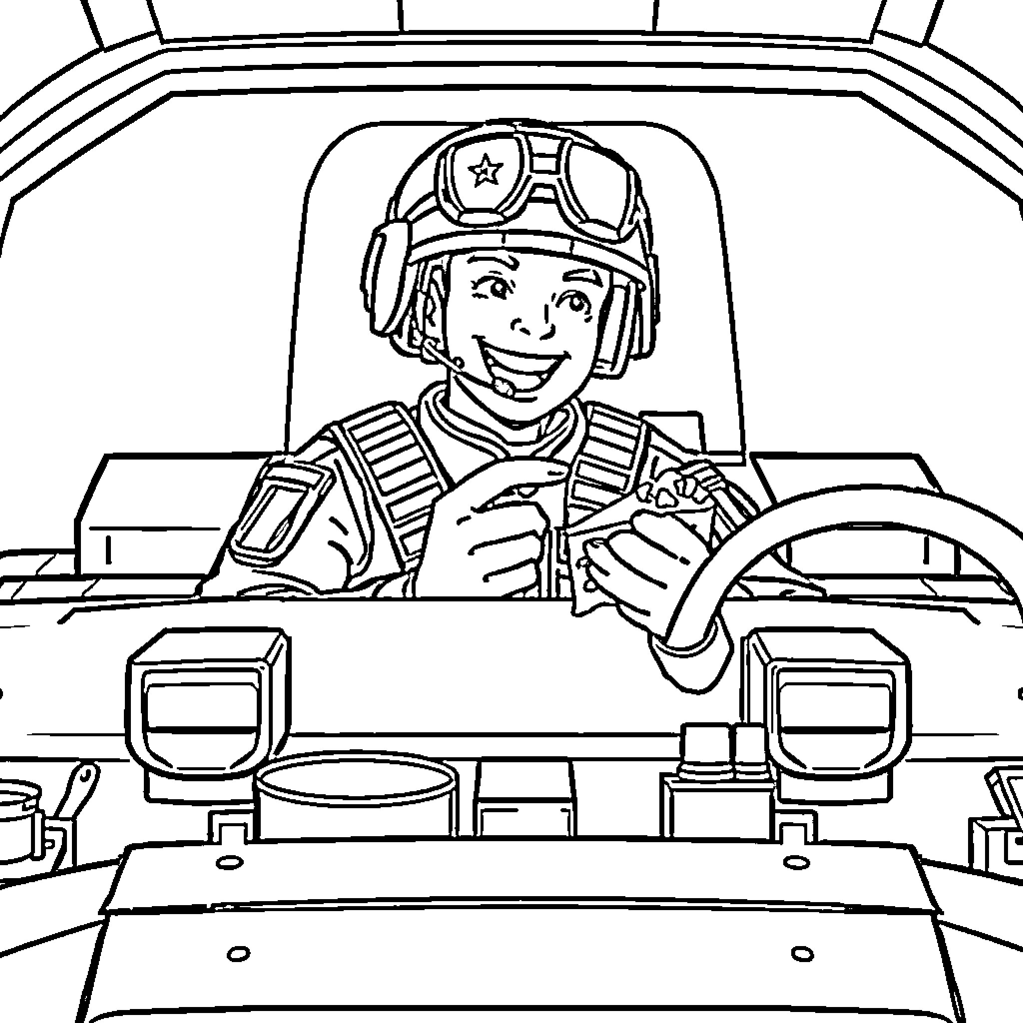 Swat Officer operating armored vehicle with confidence Coloring Page (free black-and-white line drawing printable PDF for all, from beginners to advanced learners, including children, teens, adults, and seniors)