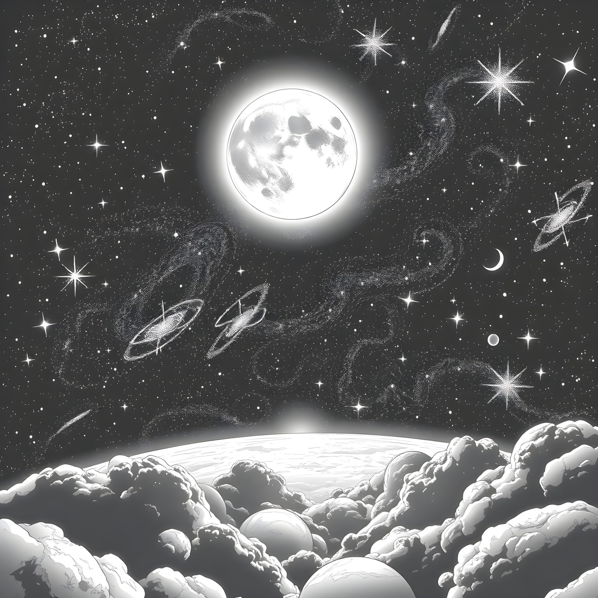 Moon shining brightly in the starry night sky Coloring Page (free black-and-white line drawing printable PDF for all, from beginners to advanced learners, including children, teens, adults, and seniors)