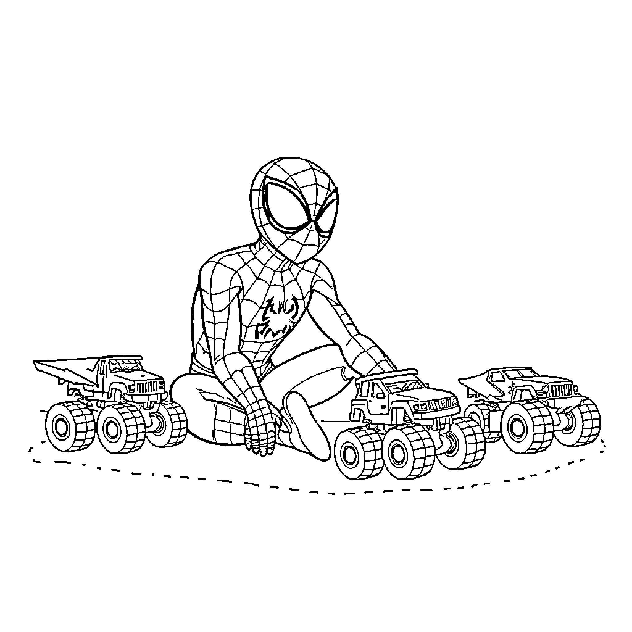 Spiderman riding monster trucks in action Coloring Page (free black-and-white line drawing printable PDF for all, from beginners to advanced learners, including children, teens, adults, and seniors)