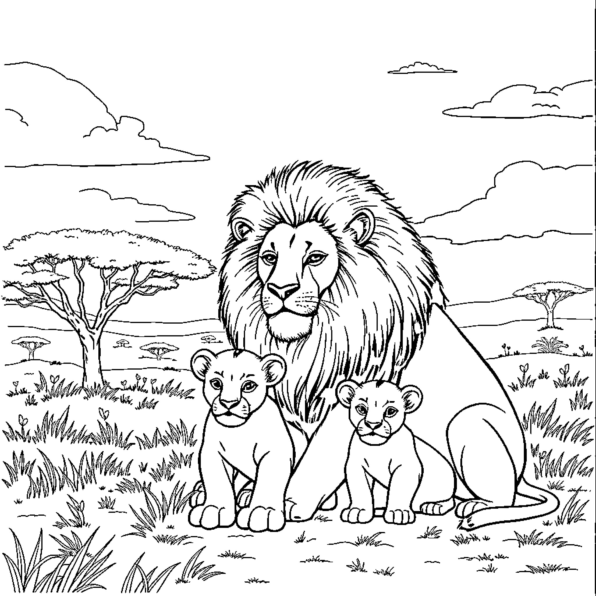 Lion and cubs in the African savanna Coloring Page (free black-and-white line drawing printable PDF for all, from beginners to advanced learners, including children, teens, adults, and seniors)