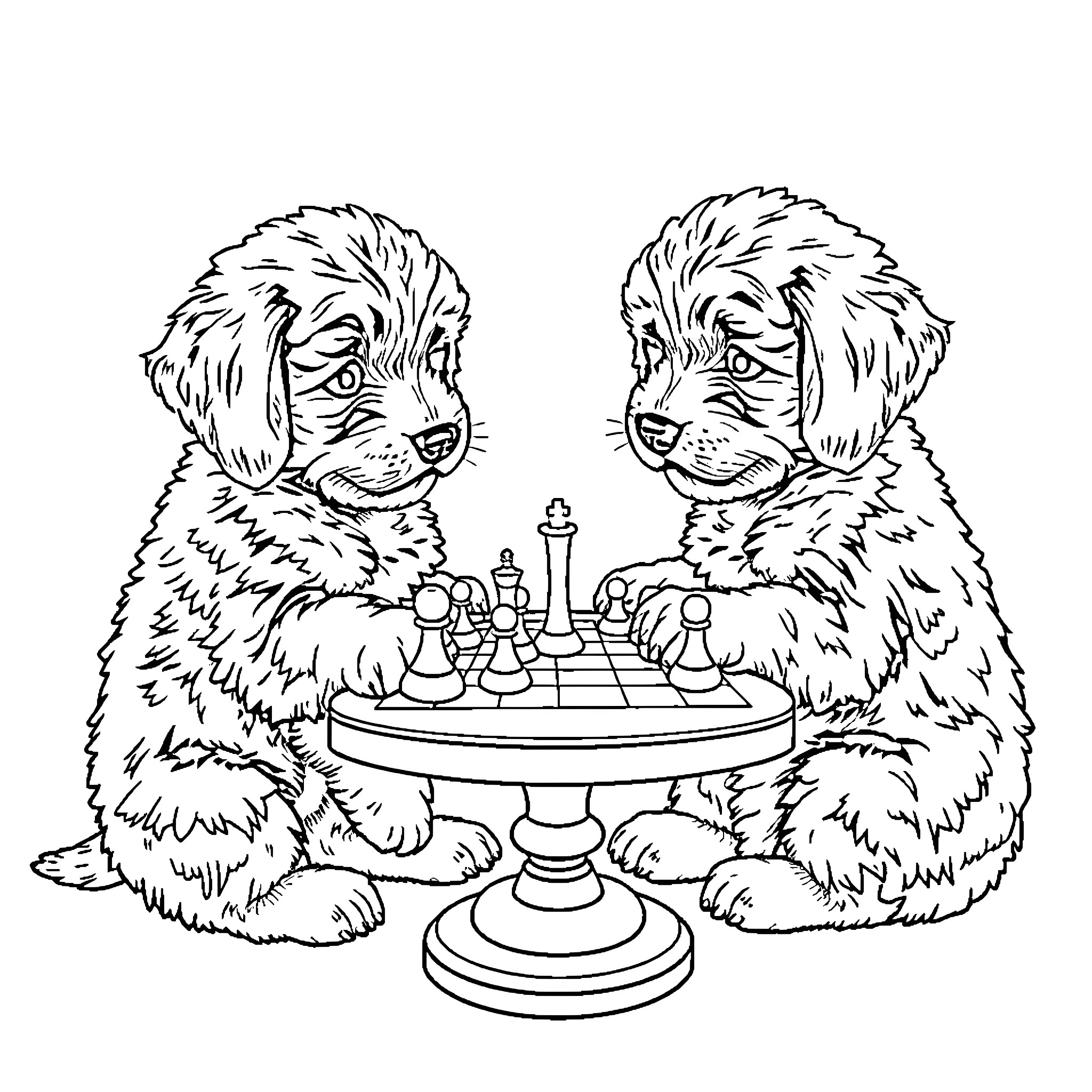 Goldendoodle puppies playing chess together Coloring Page (free black-and-white line drawing printable PDF for all, from beginners to advanced learners, including children, teens, adults, and seniors)