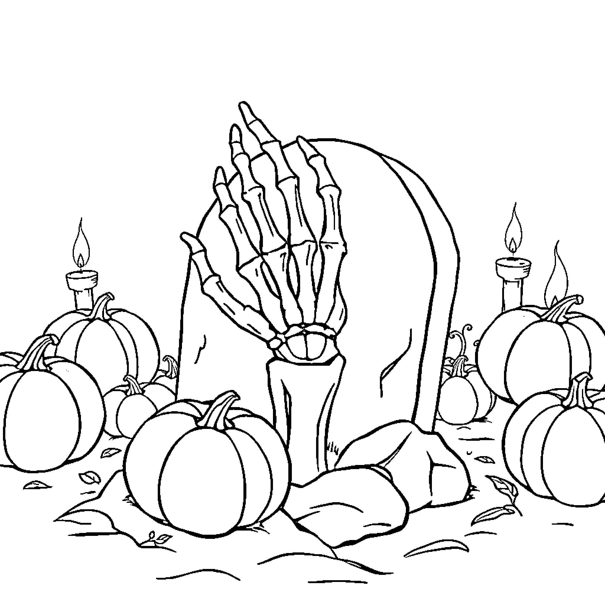 Skeleton hand emerging from pumpkins with candles Coloring Page (free black-and-white line drawing printable PDF for all, from beginners to advanced learners, including children, teens, adults, and seniors)