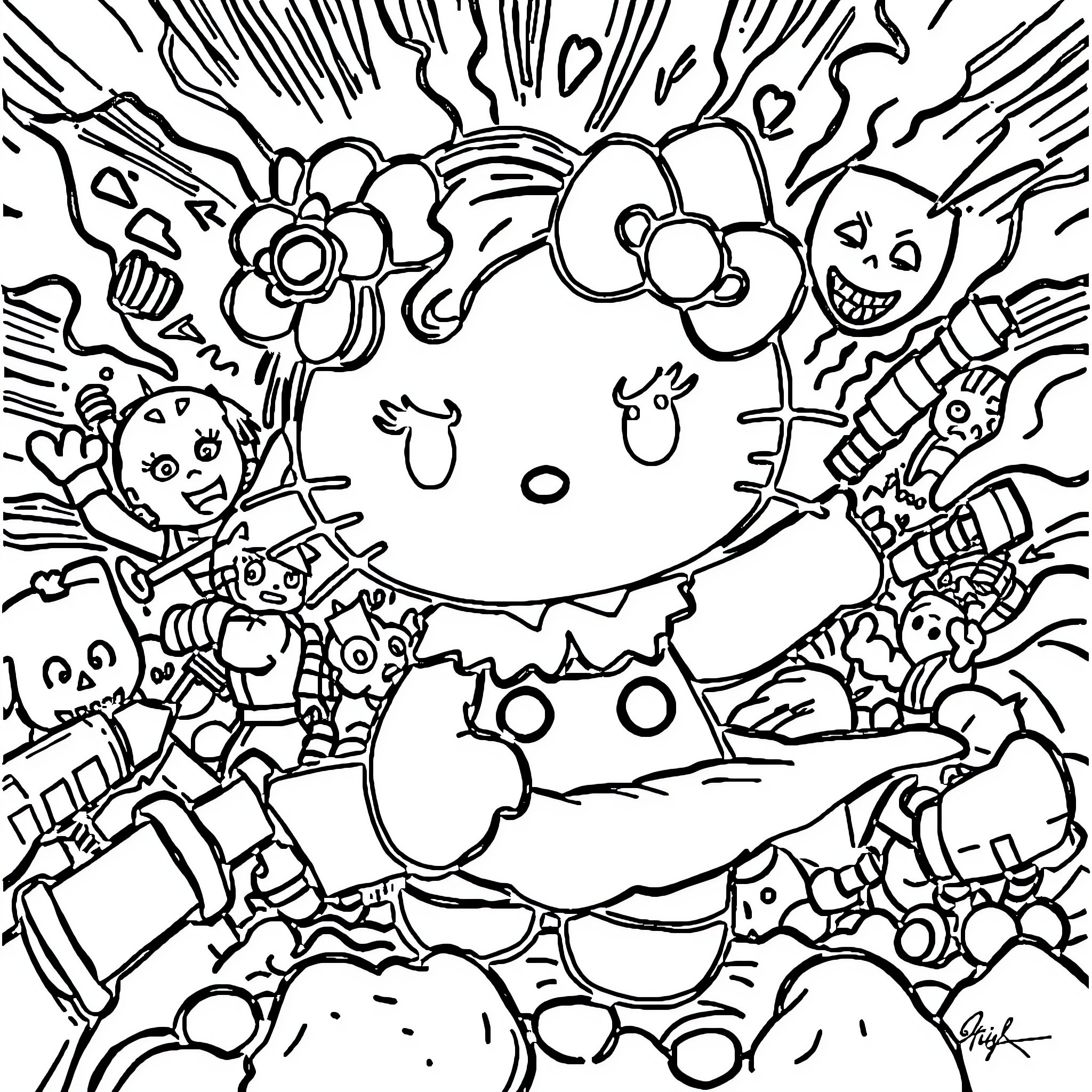 Hello Kitty's Colorful and Whimsical Adventure Coloring Page (free black-and-white line drawing printable PDF for all, from beginners to advanced learners, including children, teens, adults, and seniors)