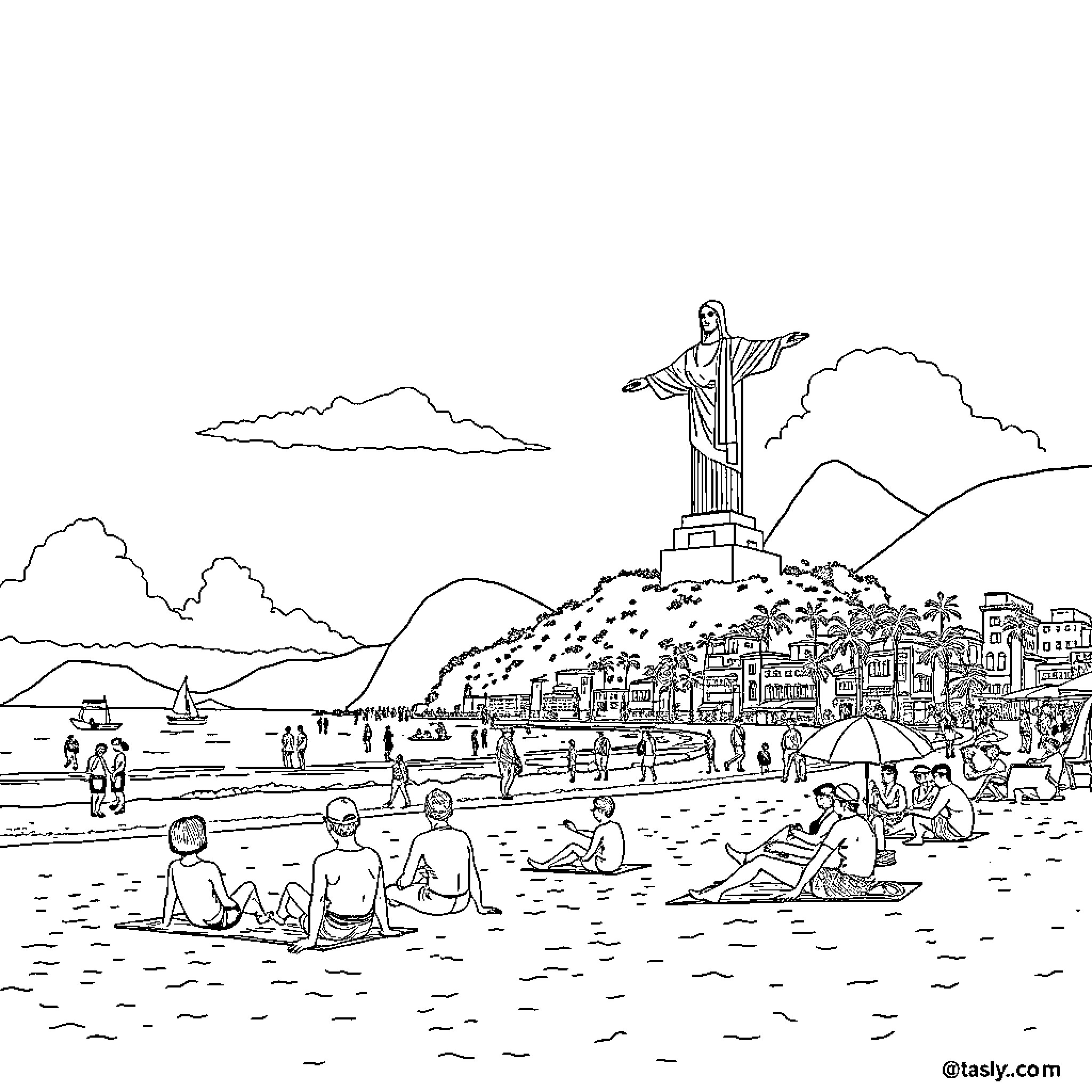 Person enjoying scenic view of statue and city Coloring Page (free black-and-white line drawing printable PDF for all, from beginners to advanced learners, including children, teens, adults, and seniors)