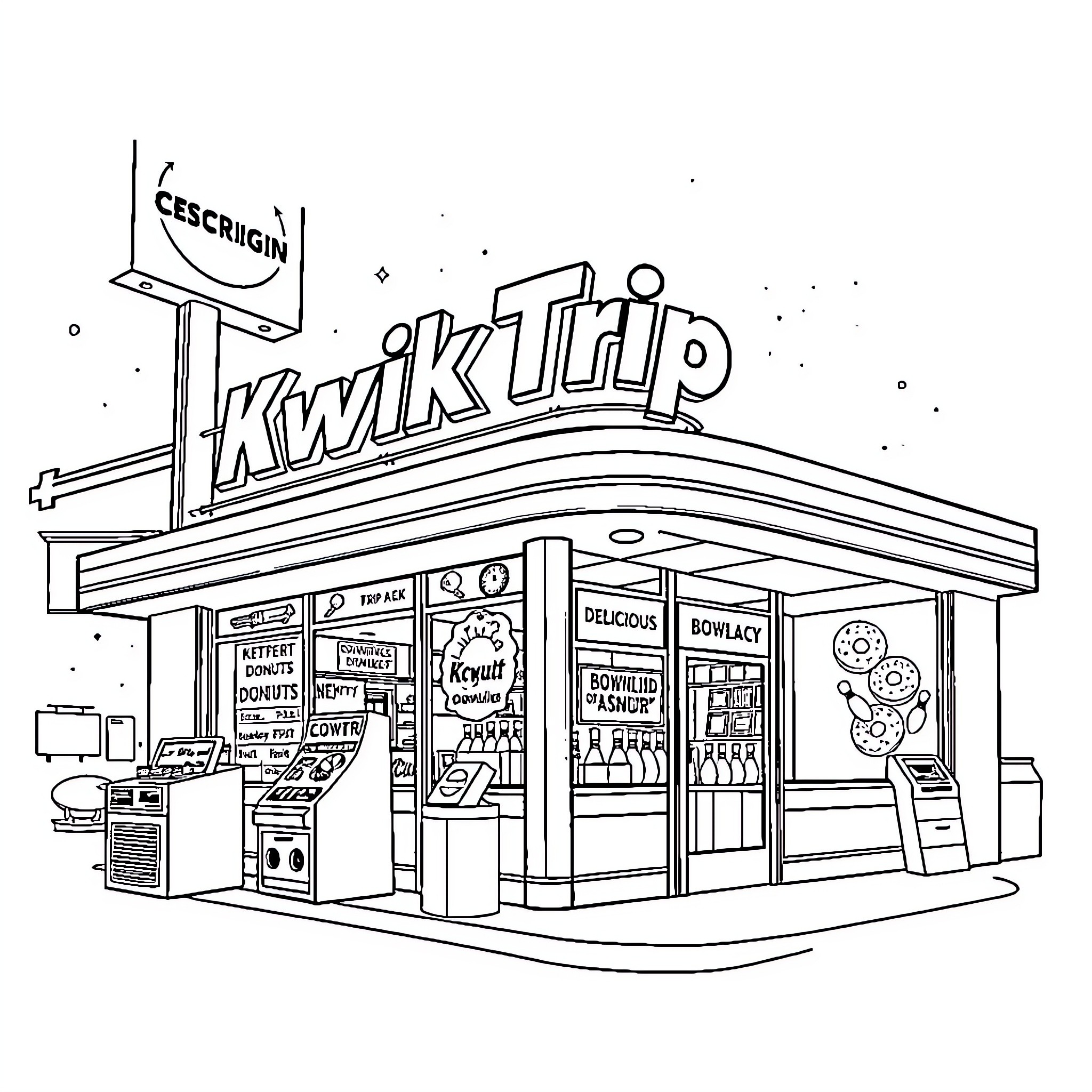 Donut Store with Various Snacks and Products Coloring Page (free black-and-white line drawing printable PDF for all, from beginners to advanced learners, including children, teens, adults, and seniors)