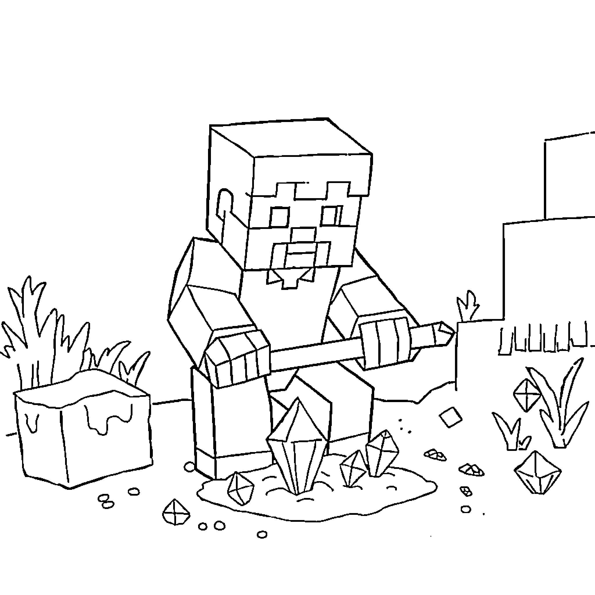 Steve's Minecraft Adventure: Exploring the Pixelated Landscape Coloring Page (free black-and-white line drawing printable PDF for all, from beginners to advanced learners, including children, teens, adults, and seniors)