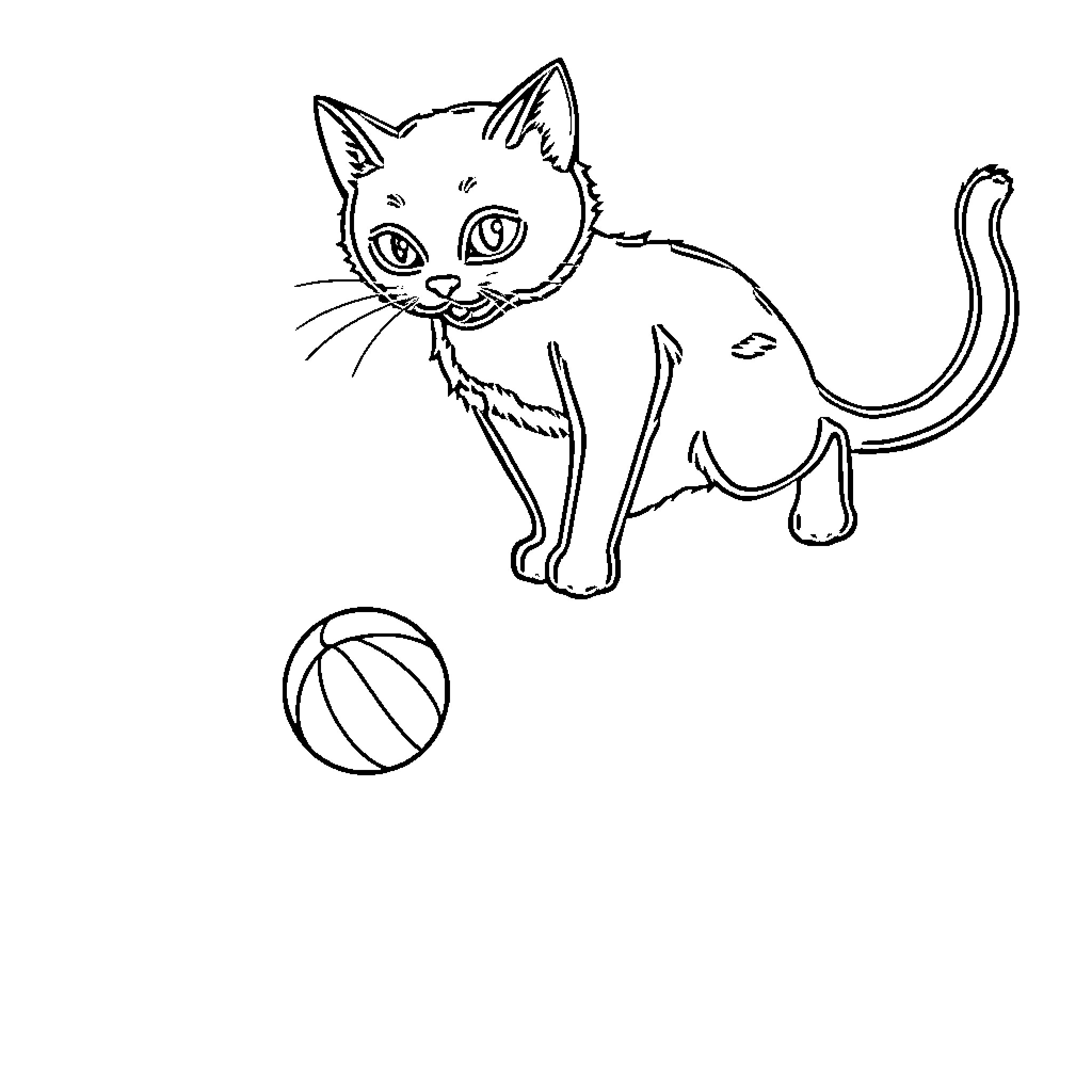 Cat playing with ball Coloring Page (free black-and-white line drawing printable PDF for all, from beginners to advanced learners, including children, teens, adults, and seniors)