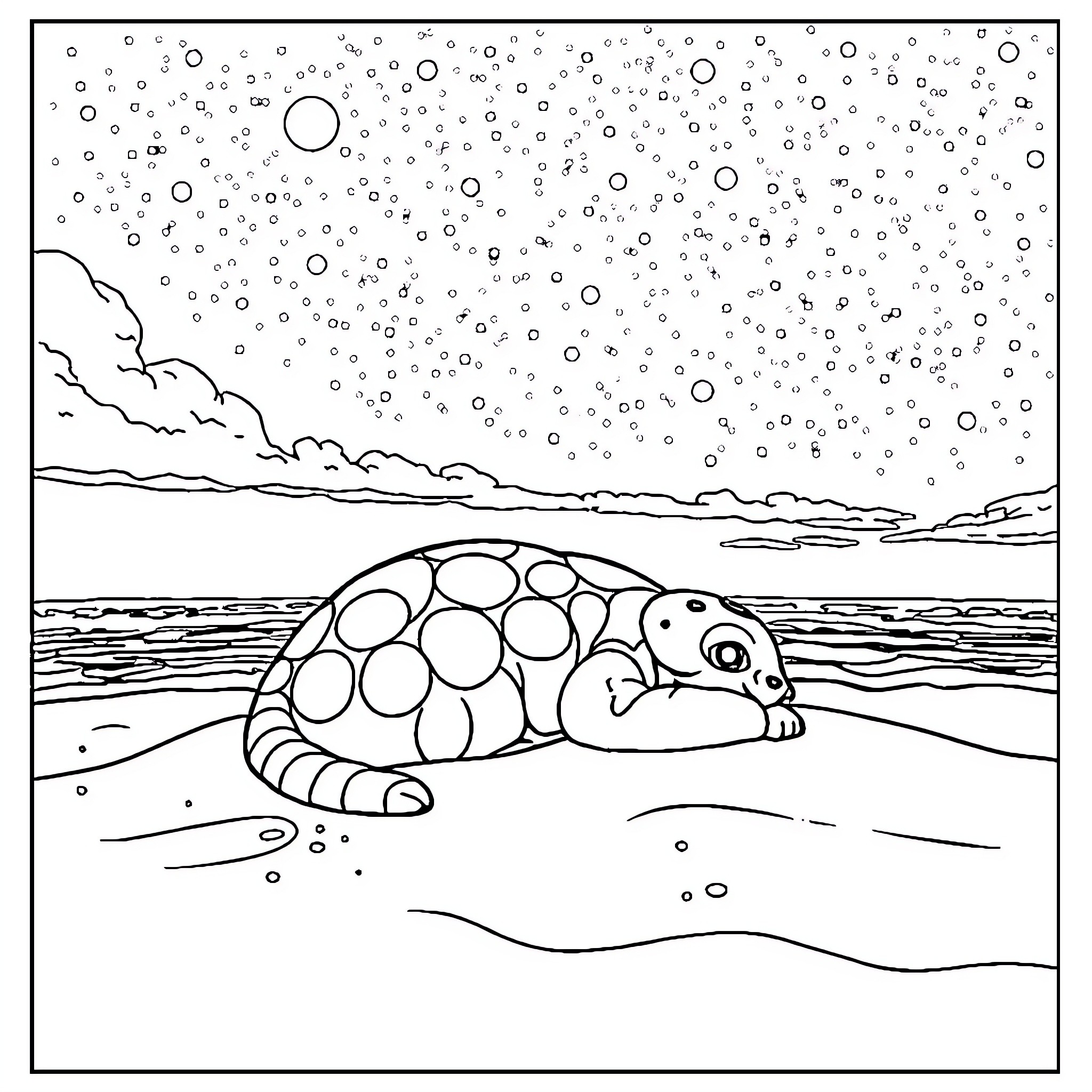 Noctali's Nighttime Adventure on the Beach Coloring Page (free black-and-white line drawing printable PDF for all, from beginners to advanced learners, including children, teens, adults, and seniors)