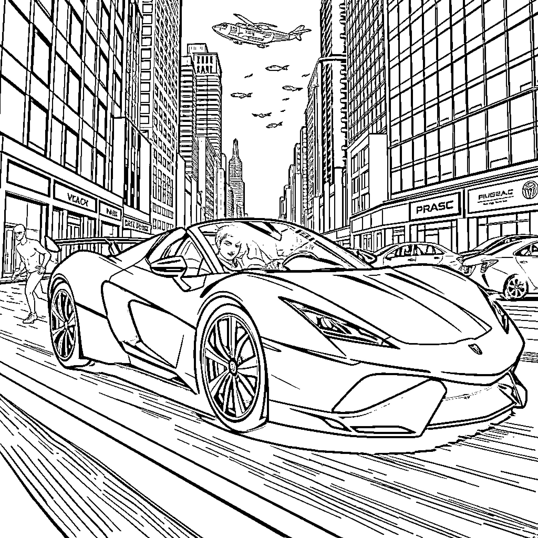 Spiderman not present, sports car driving through city streets Coloring Page (free black-and-white line drawing printable PDF for all, from beginners to advanced learners, including children, teens, adults, and seniors)