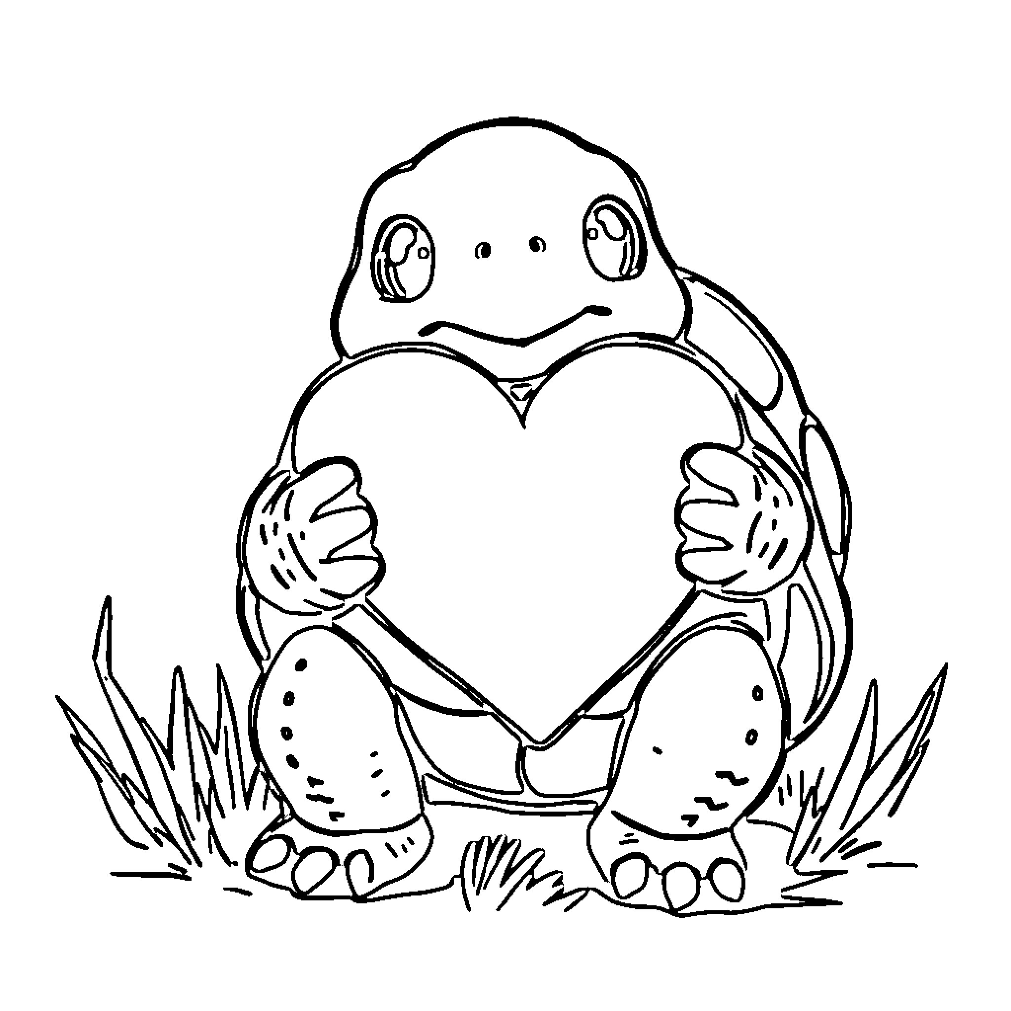 Turtle holding a heart in the grass Coloring Page (free black-and-white line drawing printable PDF for all, from beginners to advanced learners, including children, teens, adults, and seniors)