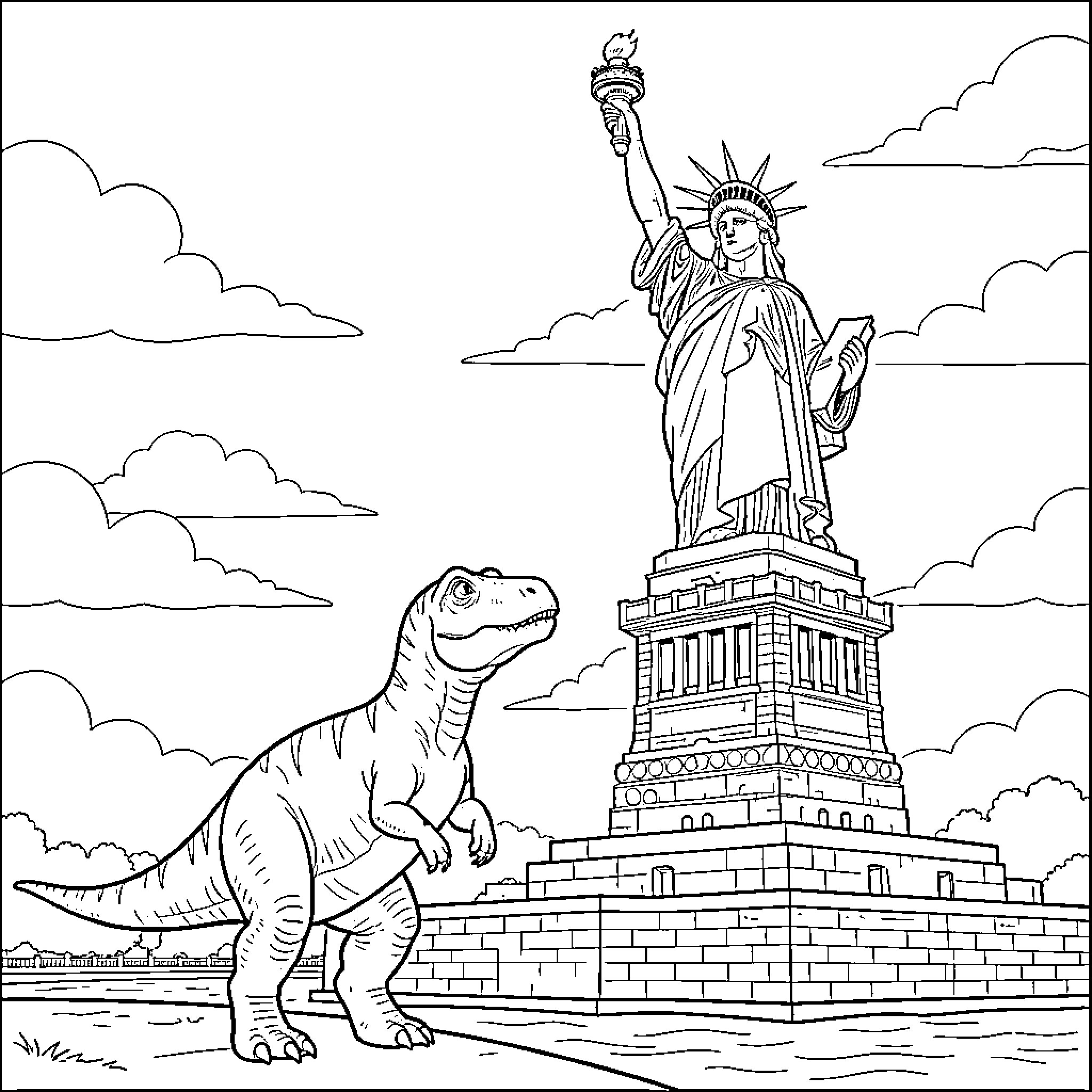 Dinosaur looking up at the Statue of Liberty Coloring Page (free black-and-white line drawing printable PDF for all, from beginners to advanced learners, including children, teens, adults, and seniors)