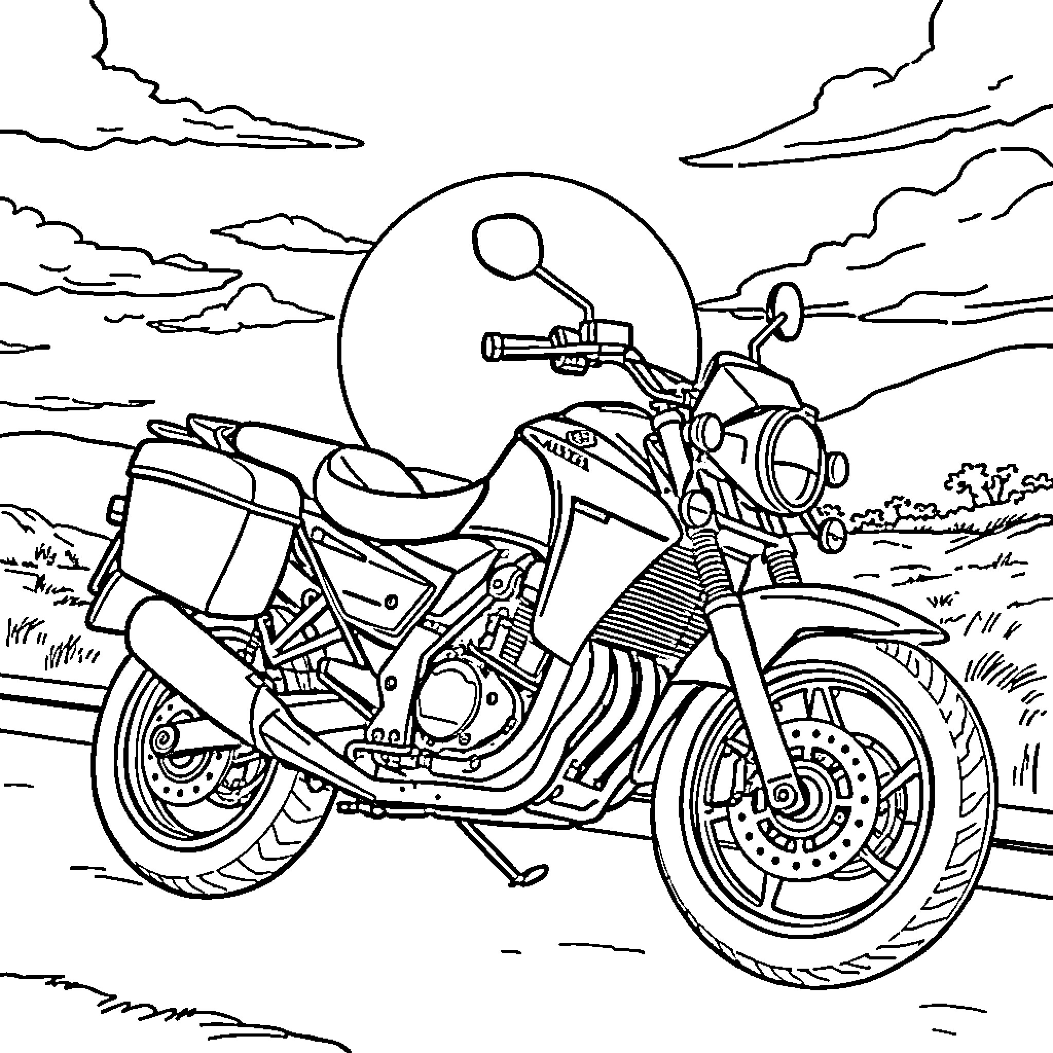 Moto Rider Cruising Through Scenic Landscape Coloring Page (free black-and-white line drawing printable PDF for all, from beginners to advanced learners, including children, teens, adults, and seniors)
