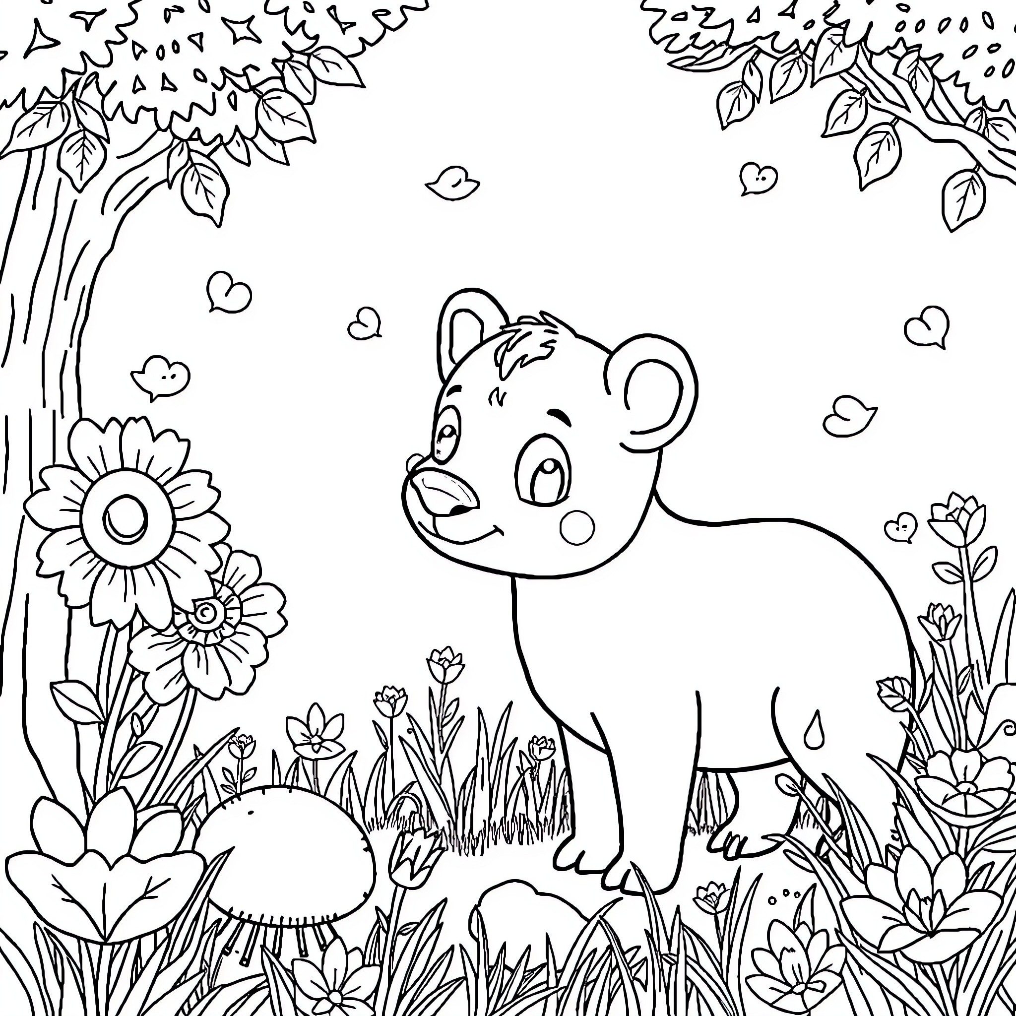 Animal playing happily in the garden Coloring Page (free black-and-white line drawing printable PDF for all, from beginners to advanced learners, including children, teens, adults, and seniors)