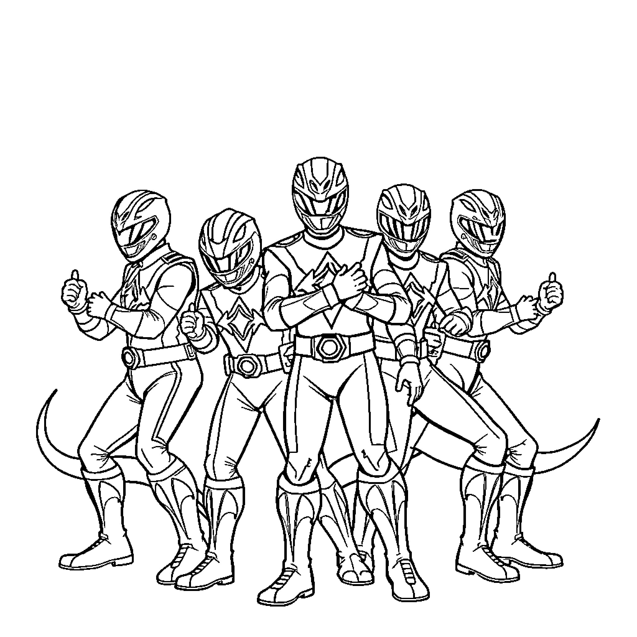 Dino Rangers posing together in heroic stances Coloring Page (free black-and-white line drawing printable PDF for all, from beginners to advanced learners, including children, teens, adults, and seniors)