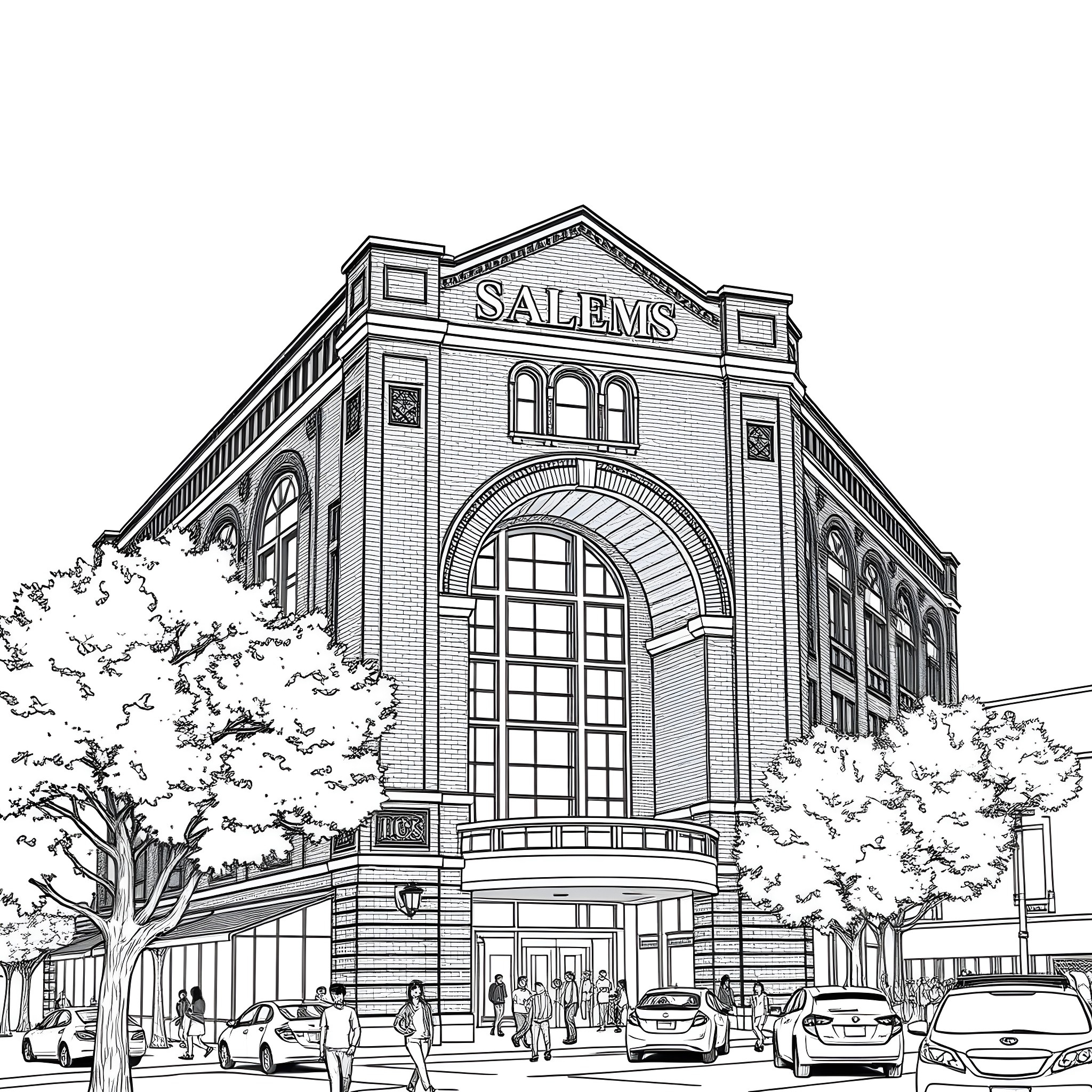 Arches of Salems Department Store Coloring Page (free black-and-white line drawing printable PDF for all, from beginners to advanced learners, including children, teens, adults, and seniors)
