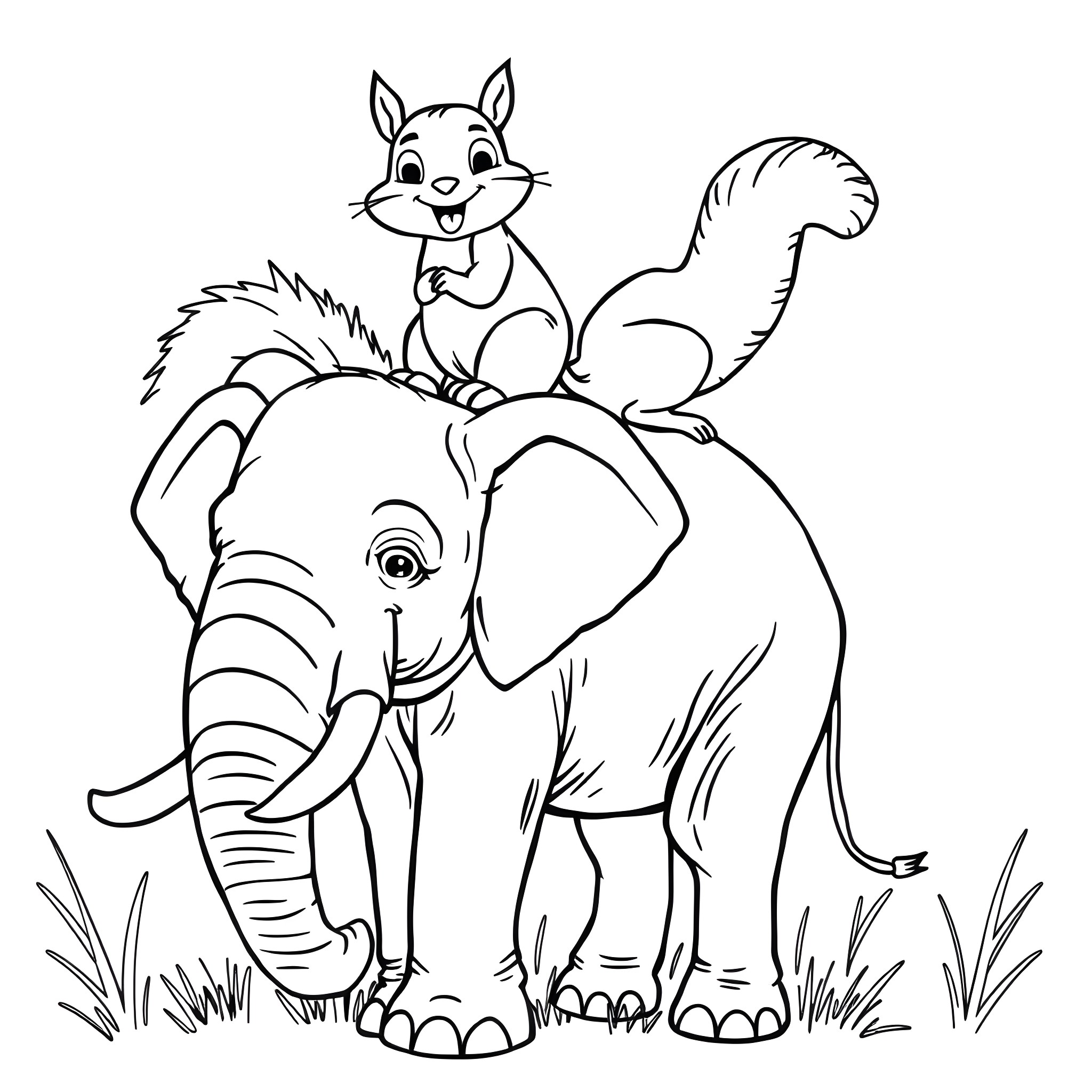 Squirrel riding on top of an elephant Coloring Page (free black-and-white line drawing printable PDF for all, from beginners to advanced learners, including children, teens, adults, and seniors)