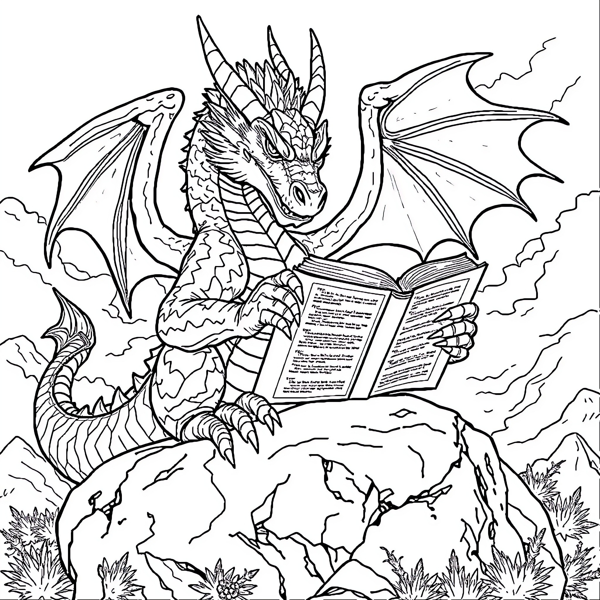 Dragon Reading Ancient Tome on Mystical Landscape Coloring Page (free black-and-white line drawing printable PDF for all, from beginners to advanced learners, including children, teens, adults, and seniors)