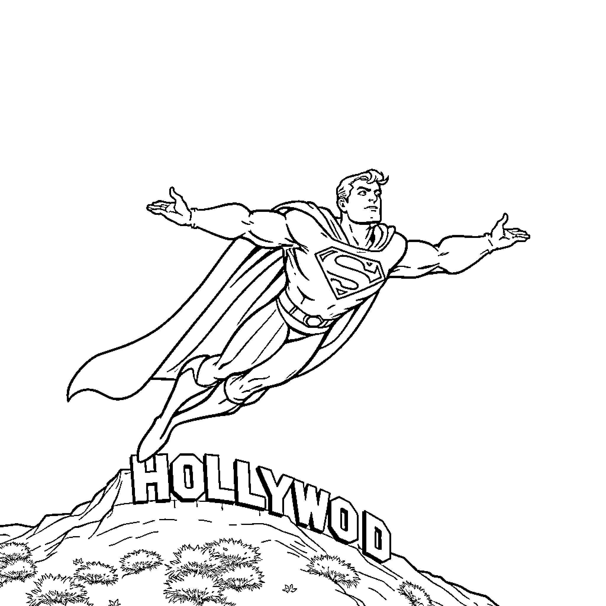 Superman soaring over the Hollywood sign Coloring Page (free black-and-white line drawing printable PDF for all, from beginners to advanced learners, including children, teens, adults, and seniors)