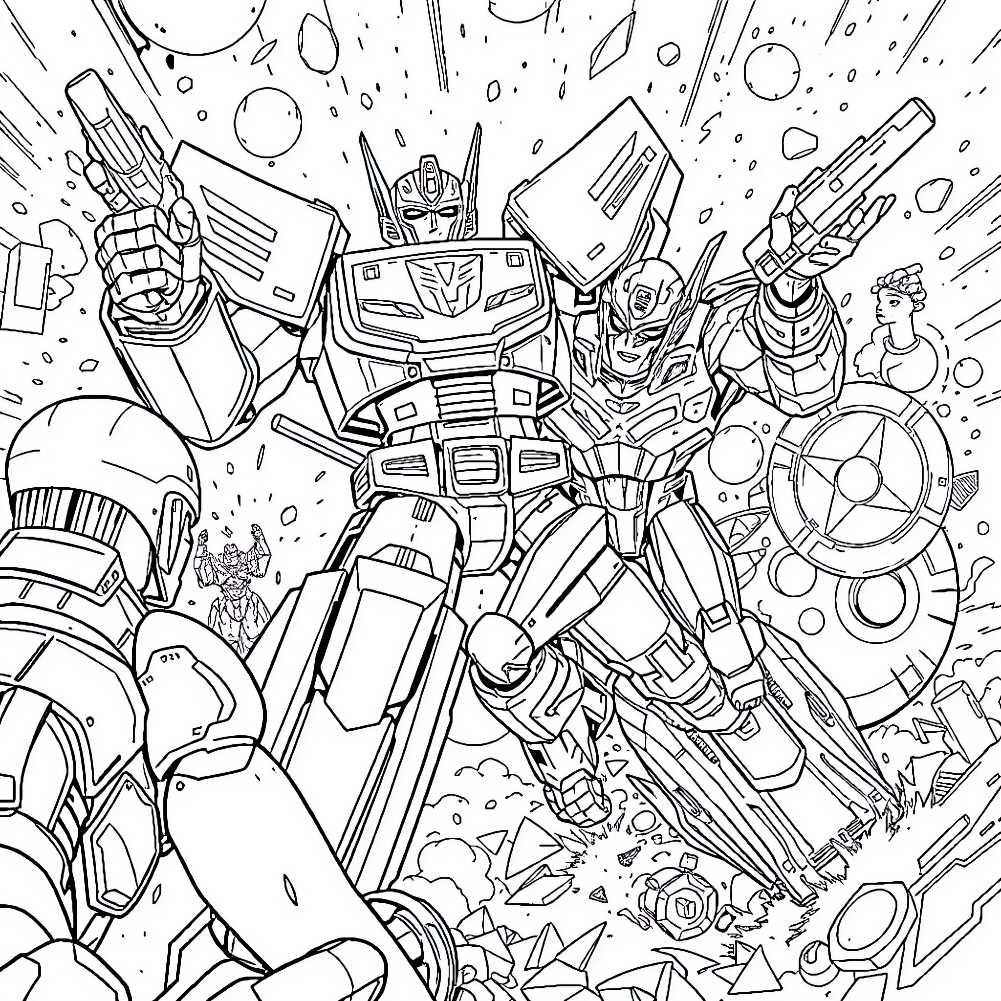 Transformer heroes in epic battle scene Coloring Page (free black-and-white line drawing printable PDF for all, from beginners to advanced learners, including children, teens, adults, and seniors)
