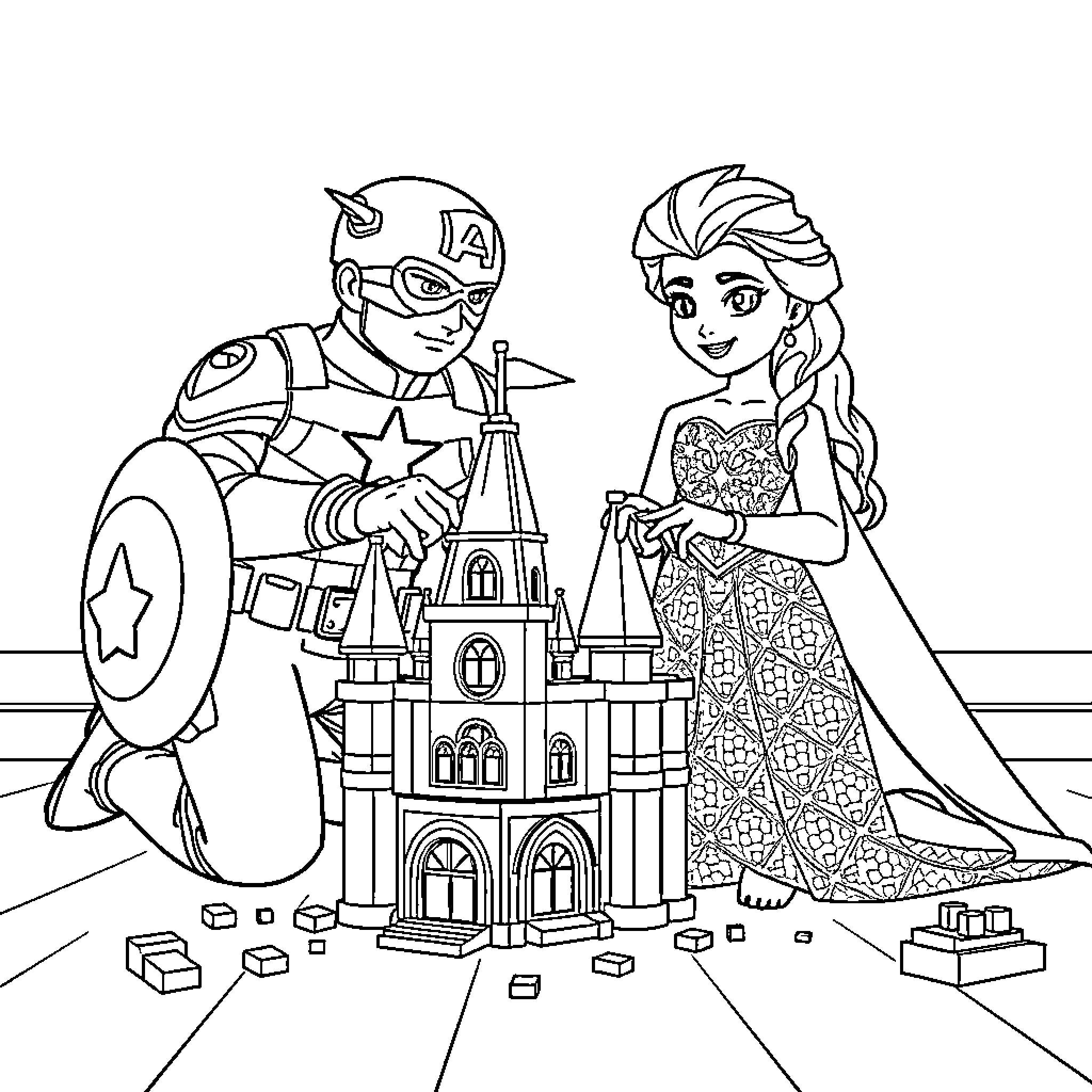Captain America and Elsa Building a Castle Together Coloring Page (free black-and-white line drawing printable PDF for all, from beginners to advanced learners, including children, teens, adults, and seniors)