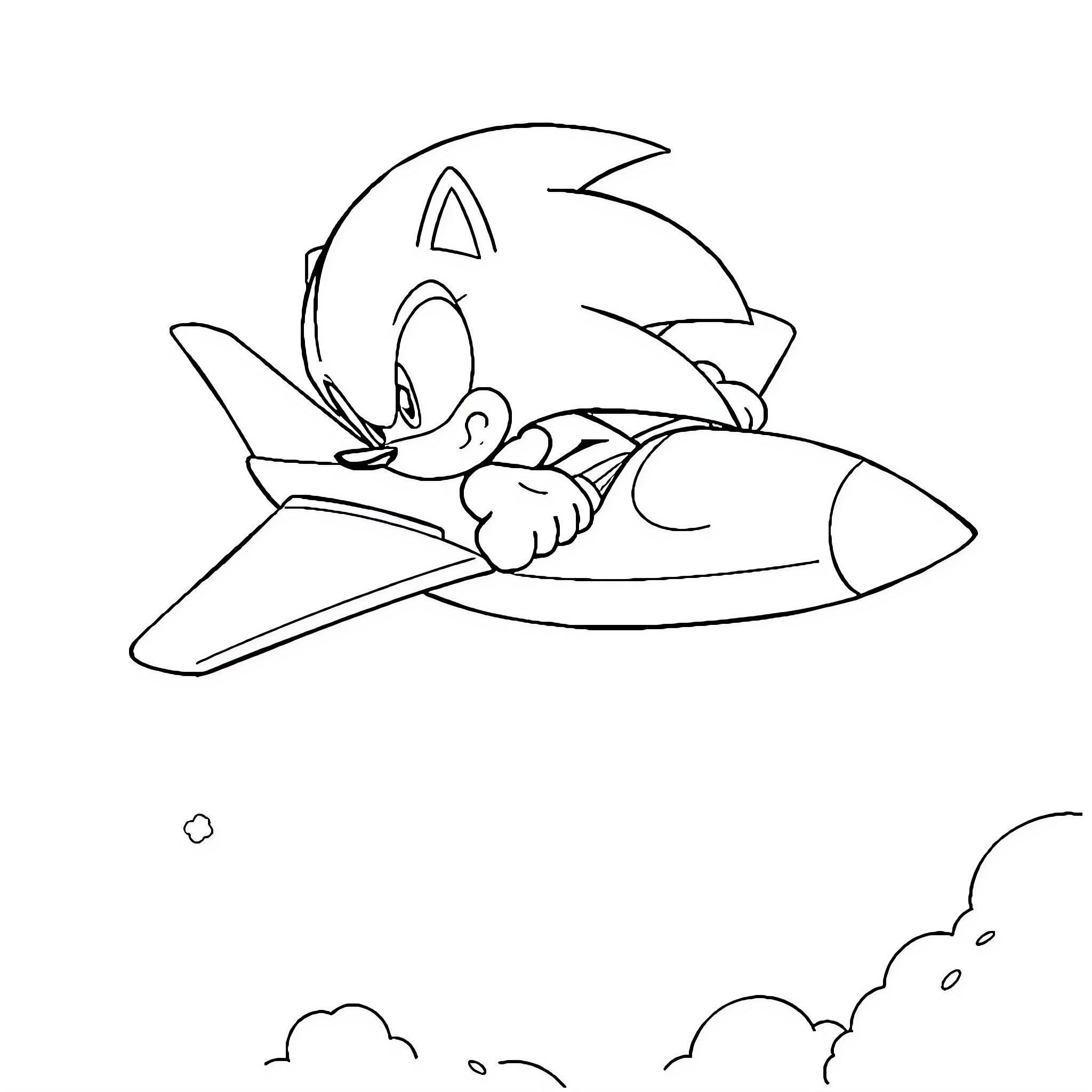 Sonic flying a supersonic jet in the sky Coloring Page (free black-and-white line drawing printable PDF for all, from beginners to advanced learners, including children, teens, adults, and seniors)