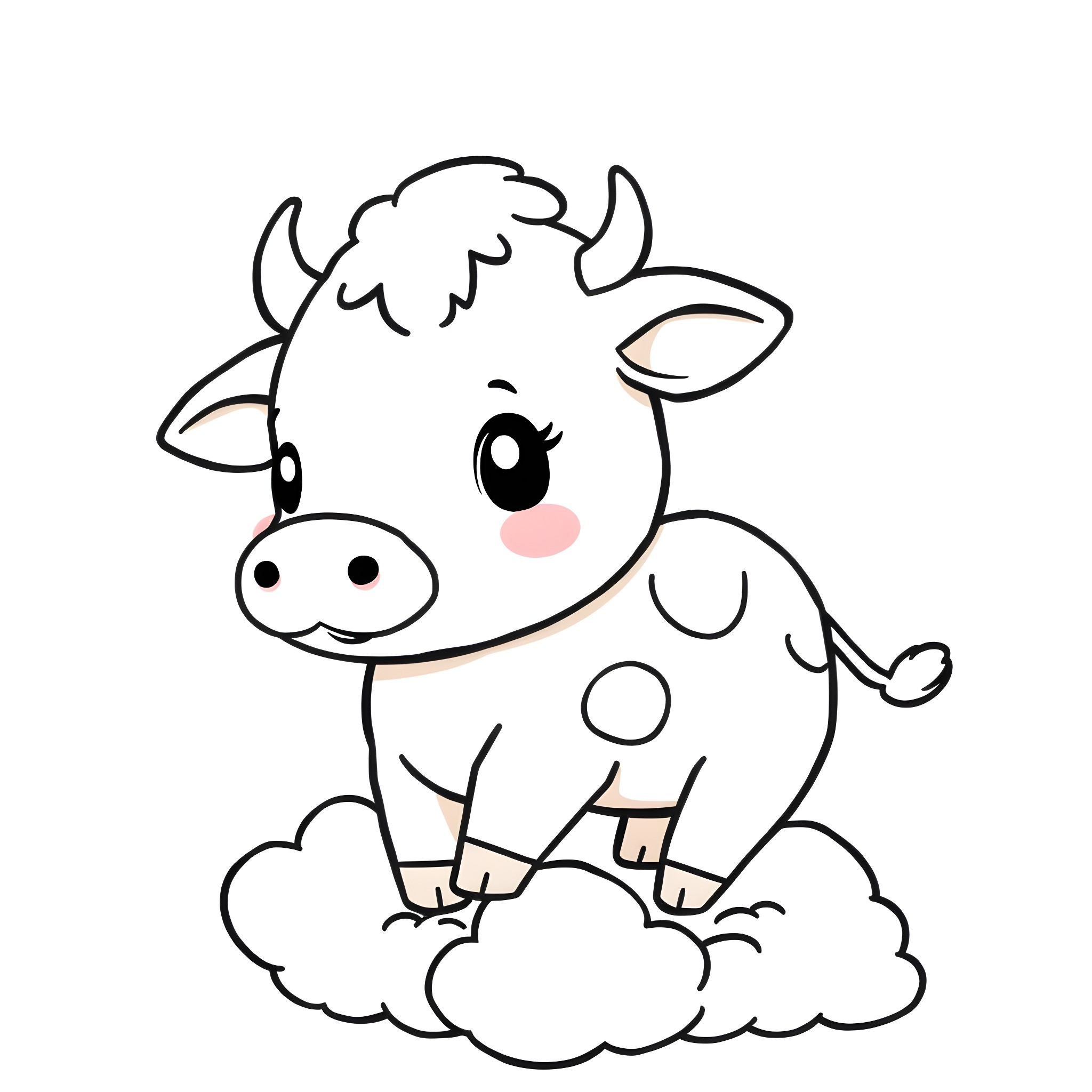 Chibi Cow sitting on clouds Coloring Page (free black-and-white line drawing printable PDF for all, from beginners to advanced learners, including children, teens, adults, and seniors)