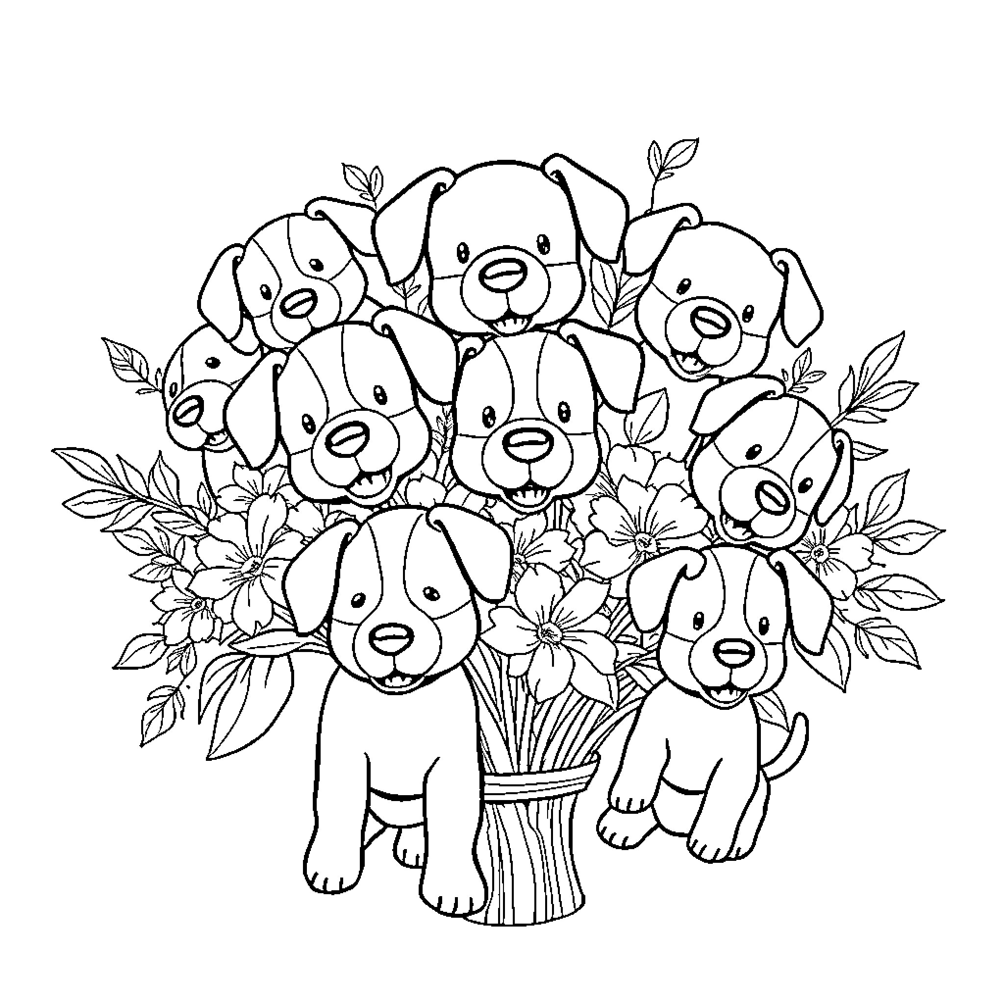 Dog bouquet with blooming flowers Coloring Page (free black-and-white line drawing printable PDF for all, from beginners to advanced learners, including children, teens, adults, and seniors)