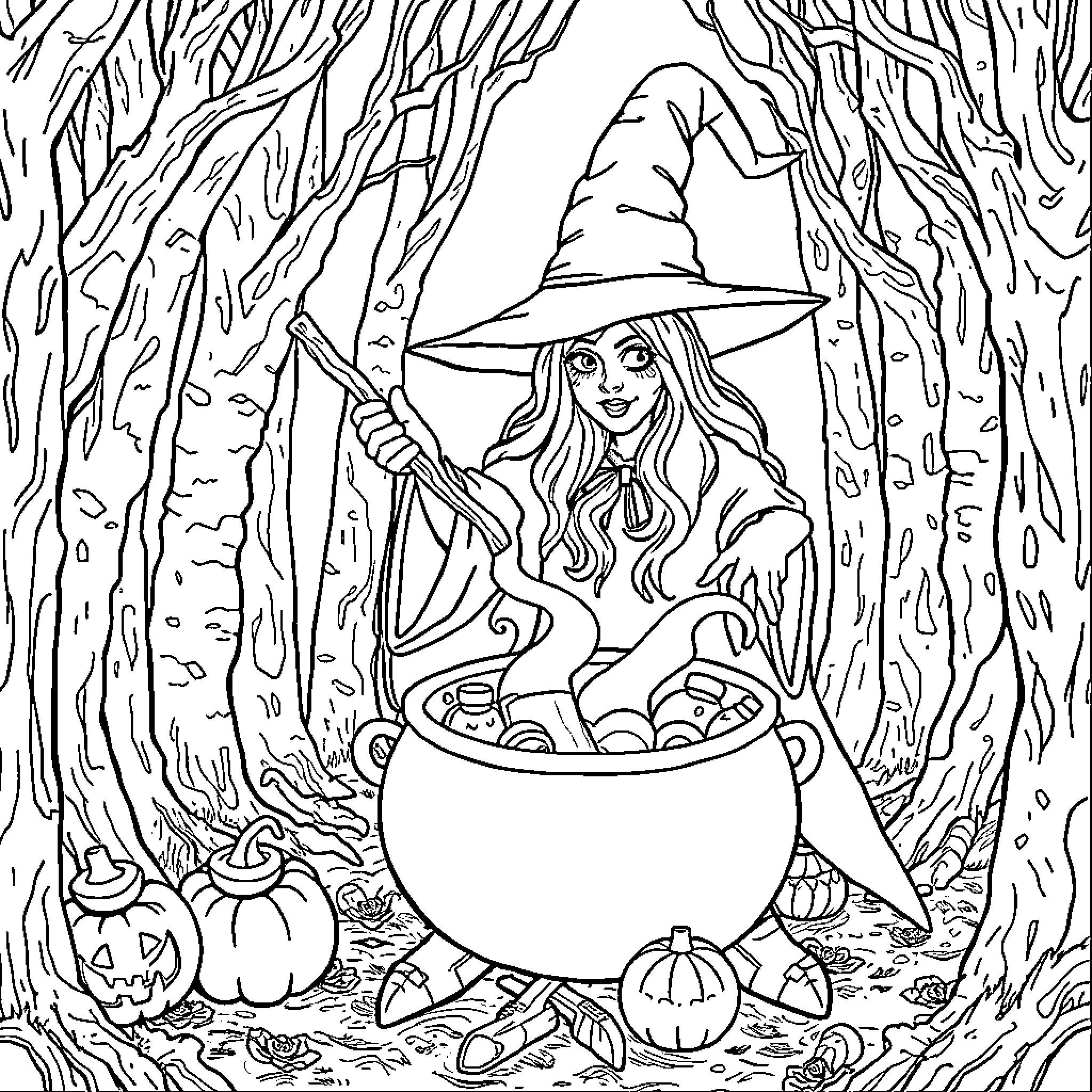Witch stirring cauldron in spooky forest Coloring Page (free black-and-white line drawing printable PDF for all, from beginners to advanced learners, including children, teens, adults, and seniors)