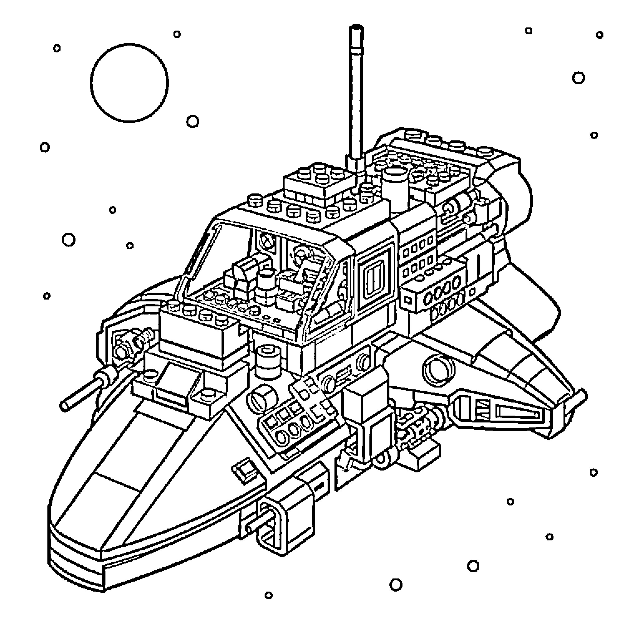 Spaceship exploring the cosmos Coloring Page (free black-and-white line drawing printable PDF for all, from beginners to advanced learners, including children, teens, adults, and seniors)