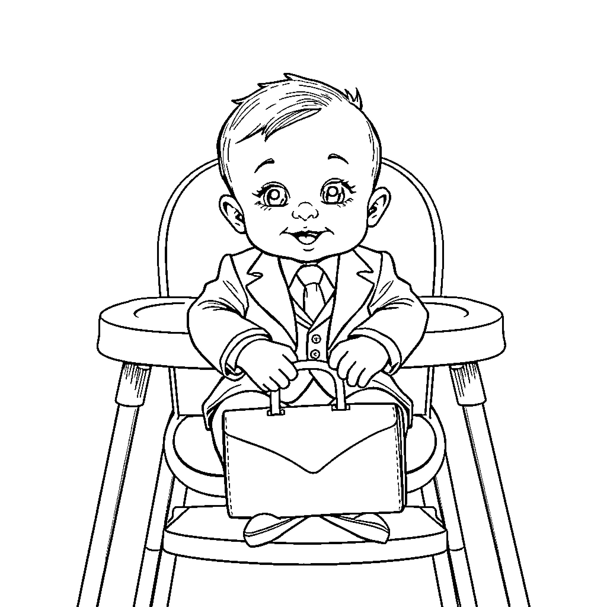 Baby in a high chair with a briefcase Coloring Page (free black-and-white line drawing printable PDF for all, from beginners to advanced learners, including children, teens, adults, and seniors)