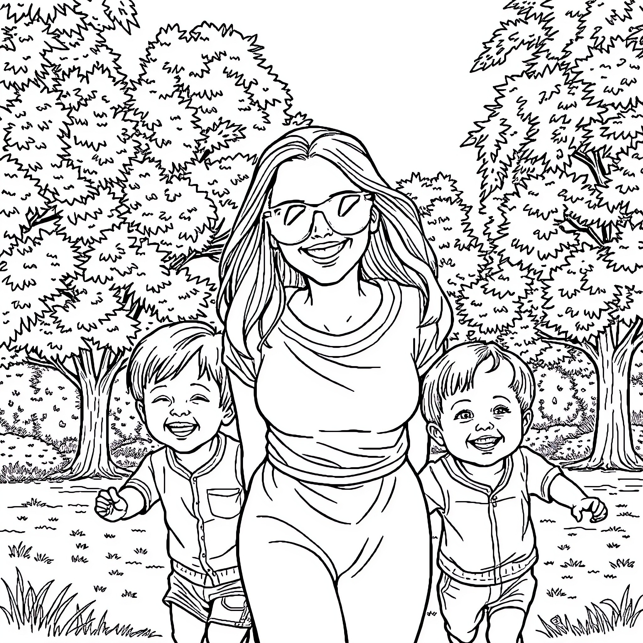 Woman with children playing in the park Coloring Page (free black-and-white line drawing printable PDF for all, from beginners to advanced learners, including children, teens, adults, and seniors)