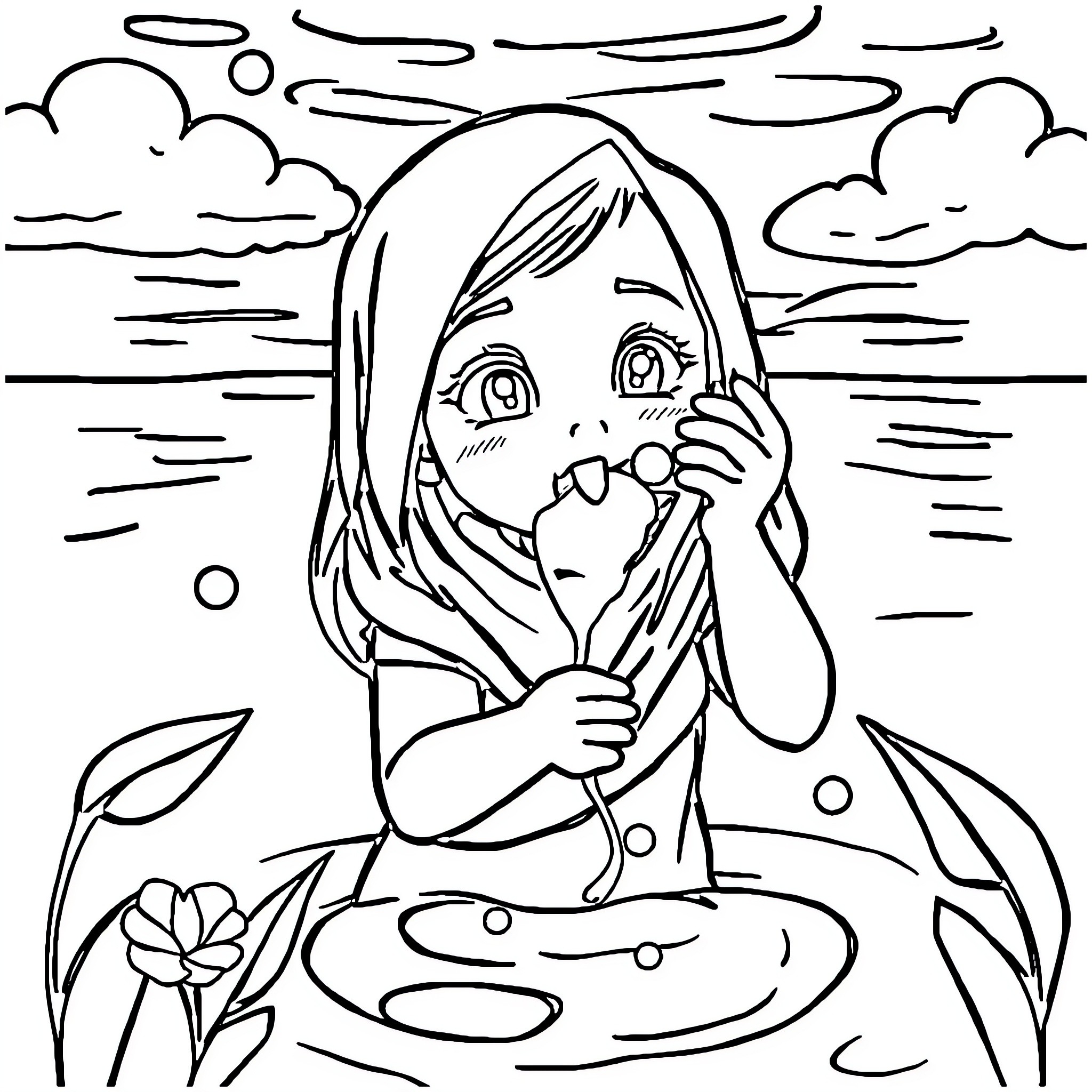 Orang relaxing in nature's tranquility Coloring Page (free black-and-white line drawing printable PDF for all, from beginners to advanced learners, including children, teens, adults, and seniors)