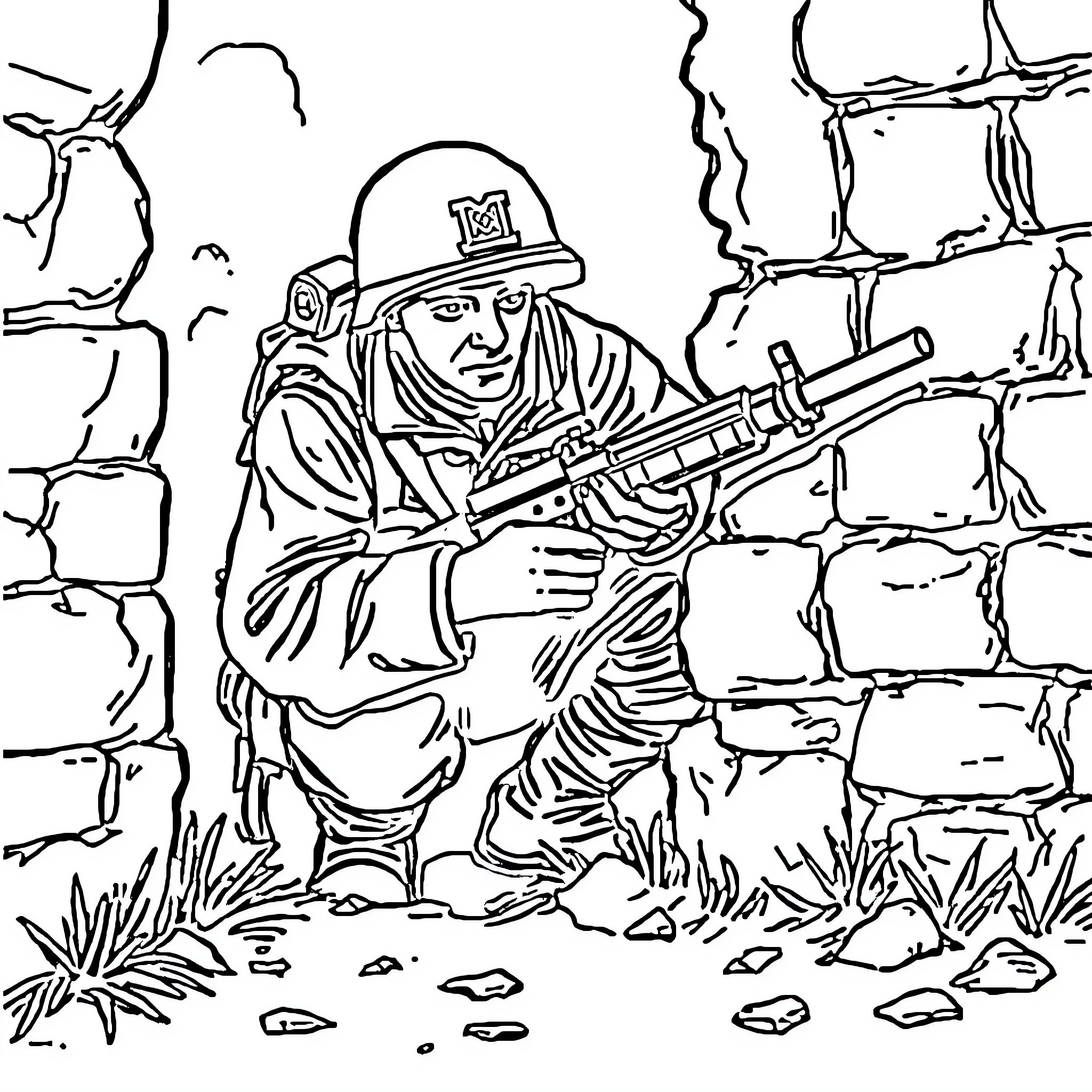 Soldier standing vigilantly with weapon in rocky terrain Coloring Page (free black-and-white line drawing printable PDF for all, from beginners to advanced learners, including children, teens, adults, and seniors)