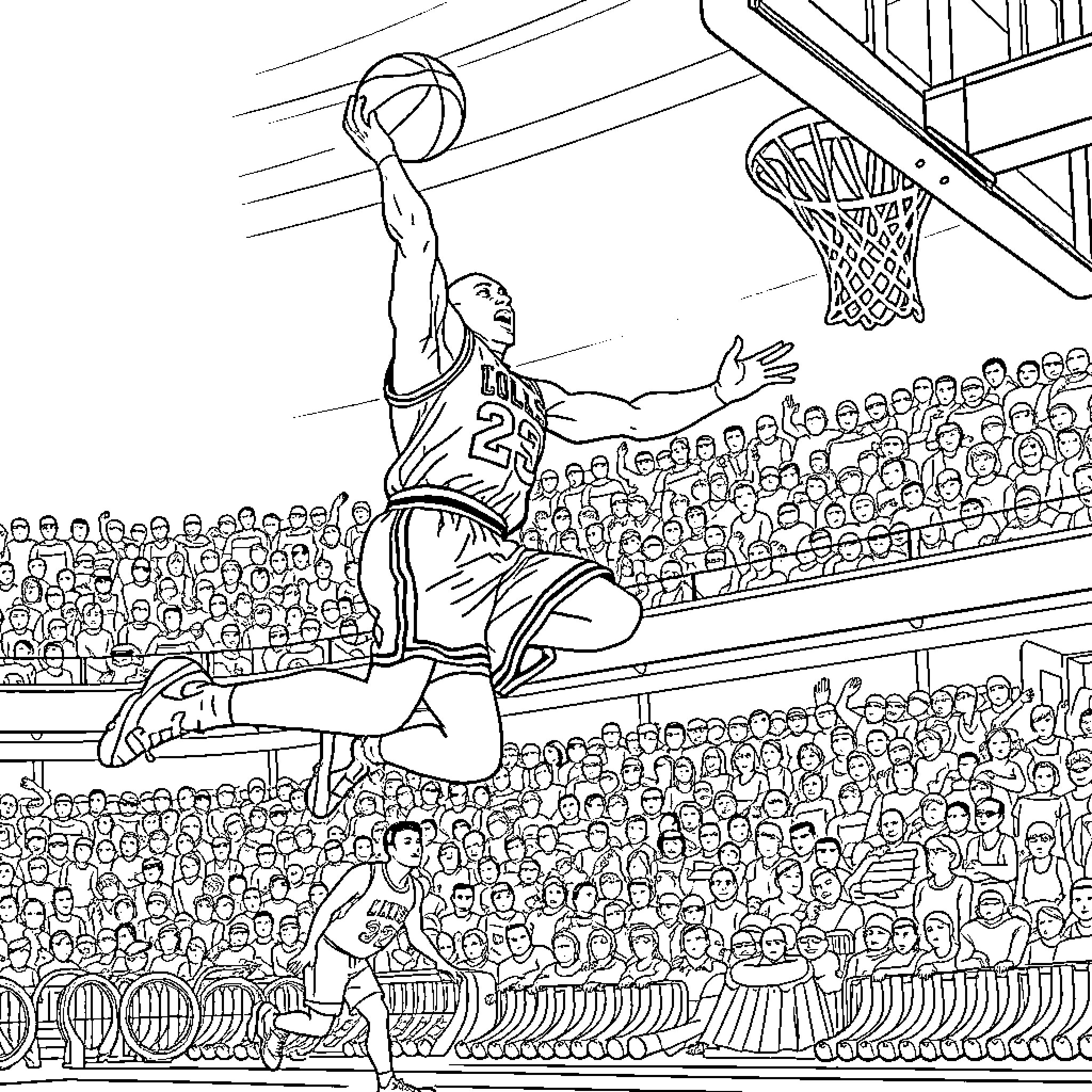 Michael Jordan Spectacular Basketball Dunk Performance Coloring Page (free black-and-white line drawing printable PDF for all, from beginners to advanced learners, including children, teens, adults, and seniors)