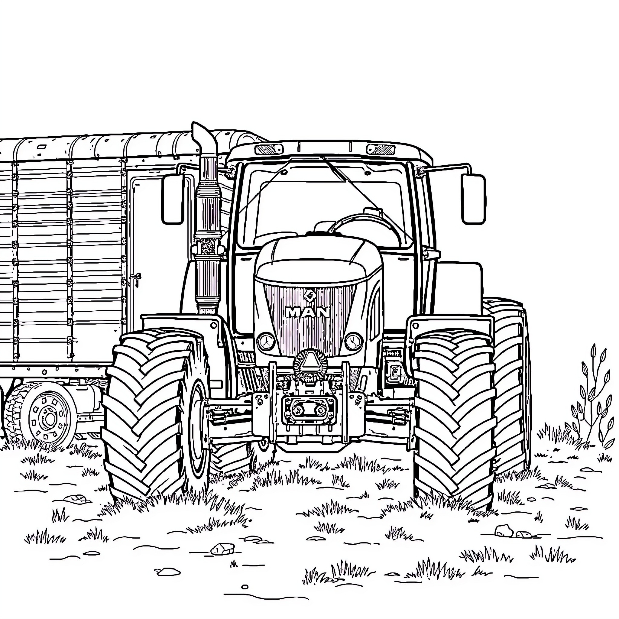 Tractor pulling agricultural equipment in rural field Coloring Page (free black-and-white line drawing printable PDF for all, from beginners to advanced learners, including children, teens, adults, and seniors)