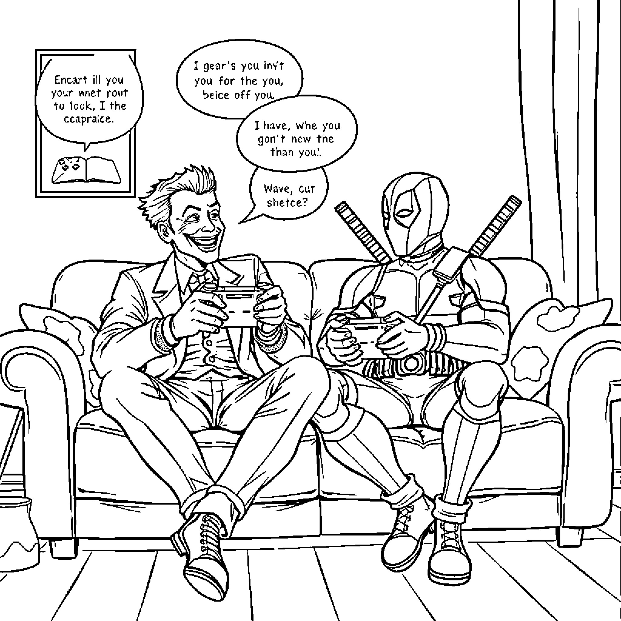 Joker and companion engage in casual conversation Coloring Page (free black-and-white line drawing printable PDF for all, from beginners to advanced learners, including children, teens, adults, and seniors)
