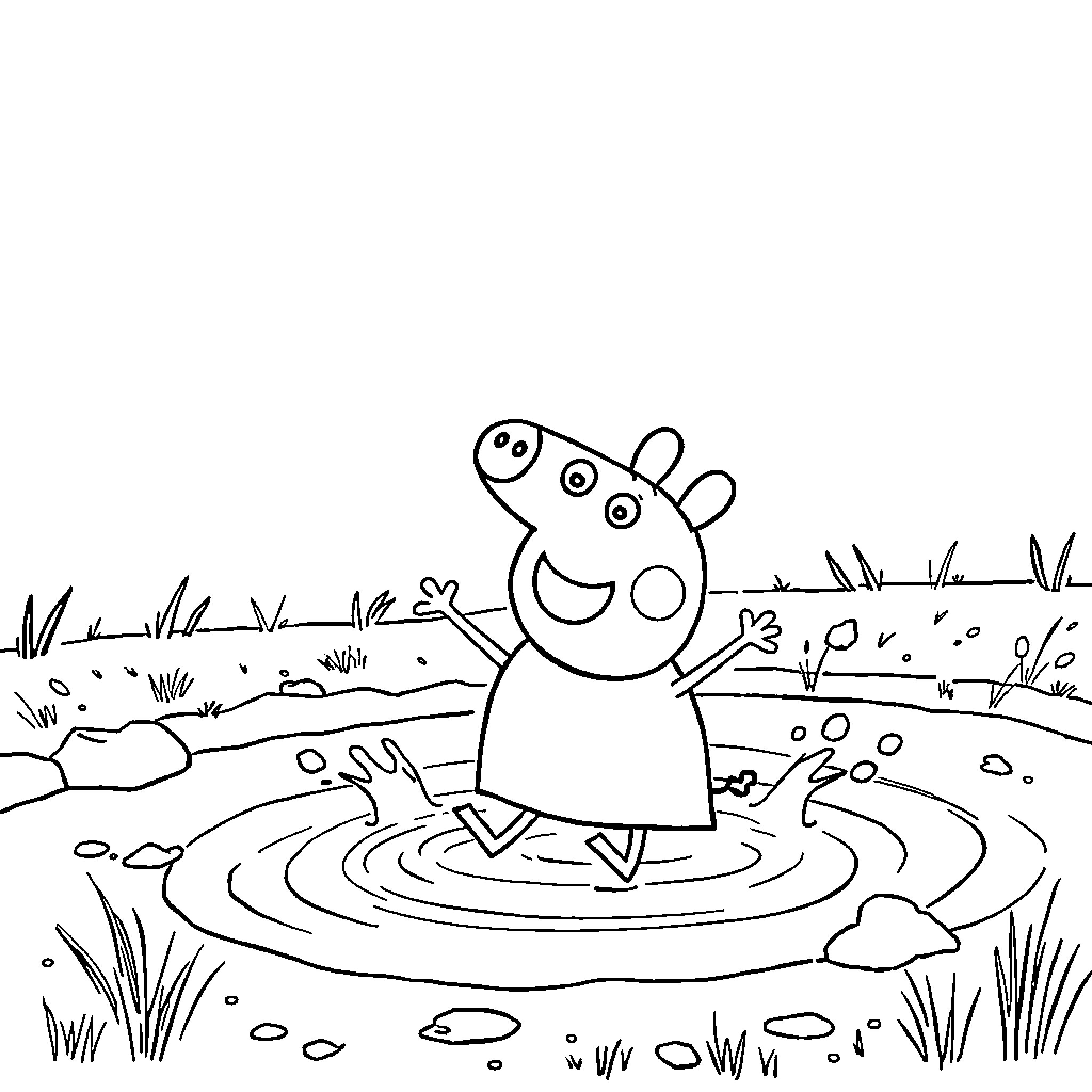 Peppa Pig playing happily in the puddle Coloring Page (free black-and-white line drawing printable PDF for all, from beginners to advanced learners, including children, teens, adults, and seniors)