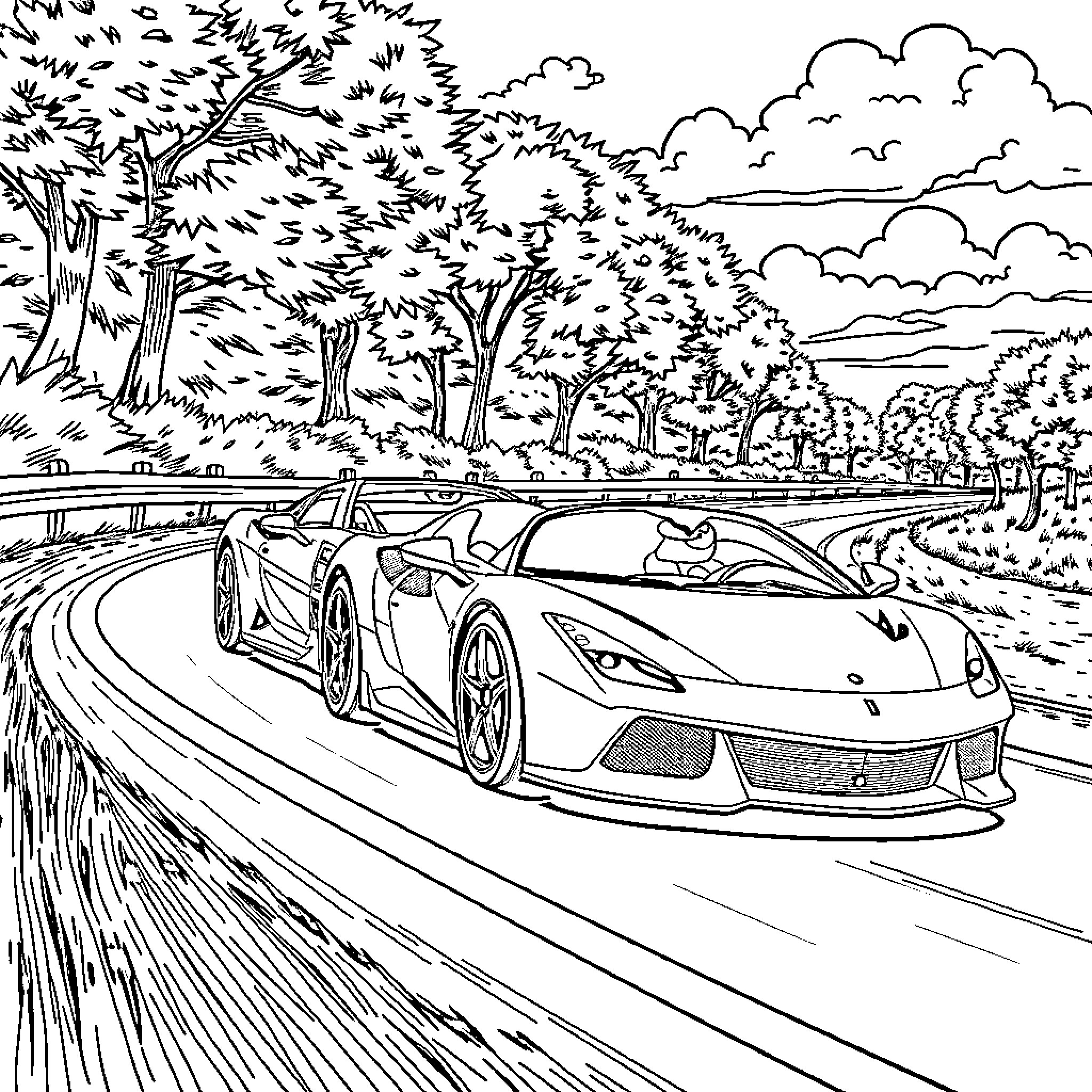Sports Cars Racing on Winding Country Road Coloring Page (free black-and-white line drawing printable PDF for all, from beginners to advanced learners, including children, teens, adults, and seniors)