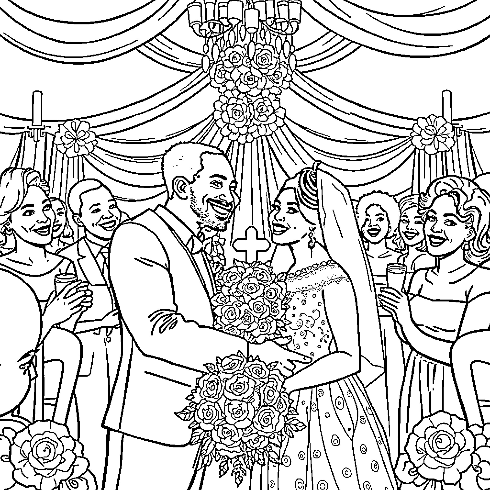 Wedding ceremony with bride, groom, and joyful guests Coloring Page (free black-and-white line drawing printable PDF for all, from beginners to advanced learners, including children, teens, adults, and seniors)