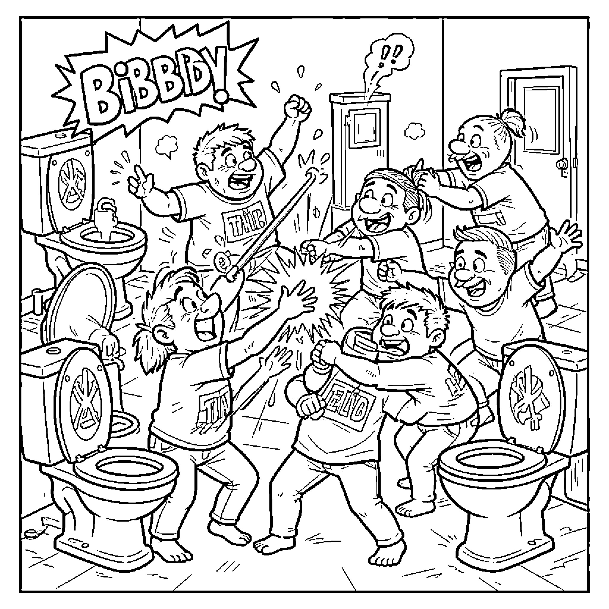 Skibidy Toilet characters celebrating and dancing wildly together Coloring Page (free black-and-white line drawing printable PDF for all, from beginners to advanced learners, including children, teens, adults, and seniors)