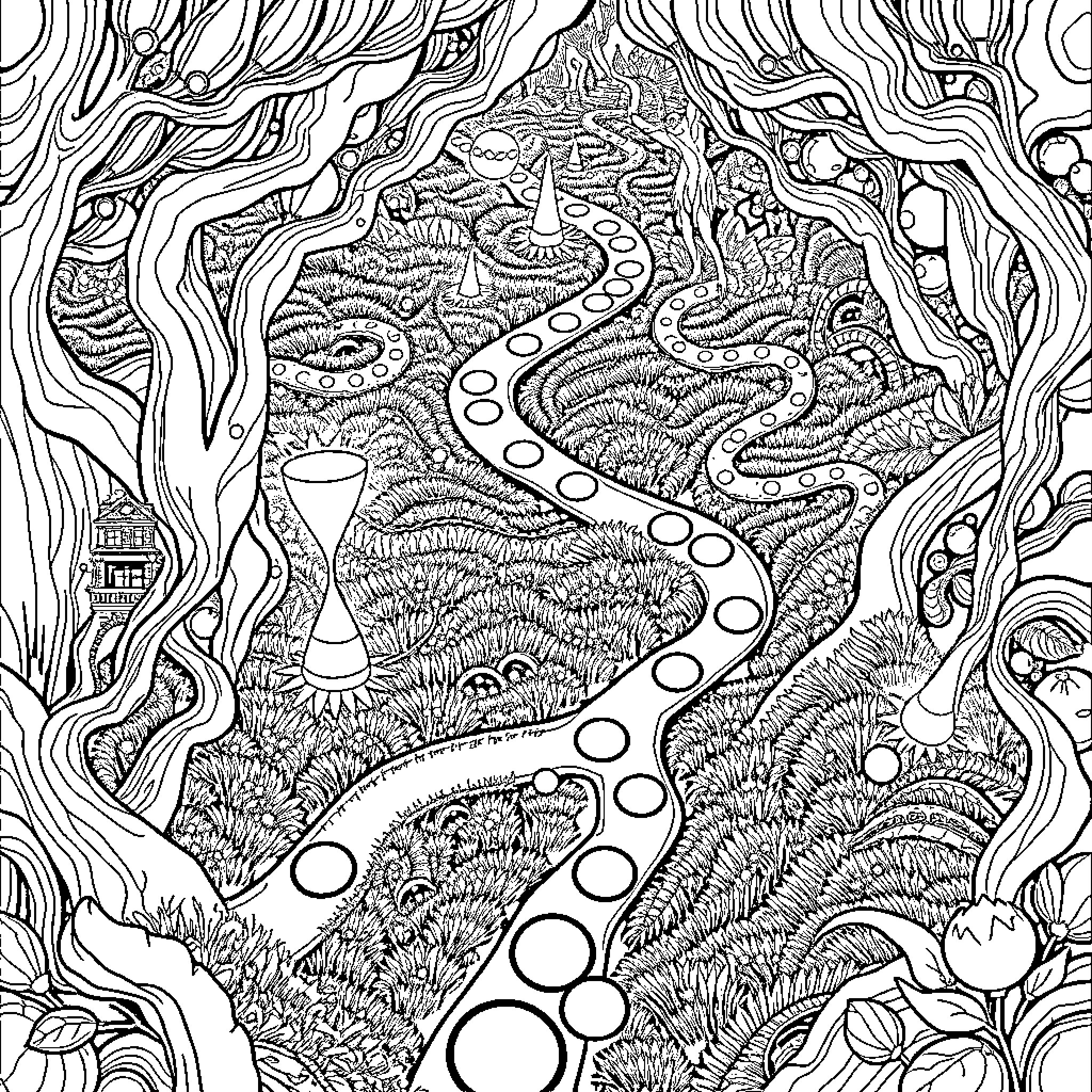 Fairy's Enchanted Forest Path Coloring Page (free black-and-white line drawing printable PDF for all, from beginners to advanced learners, including children, teens, adults, and seniors)